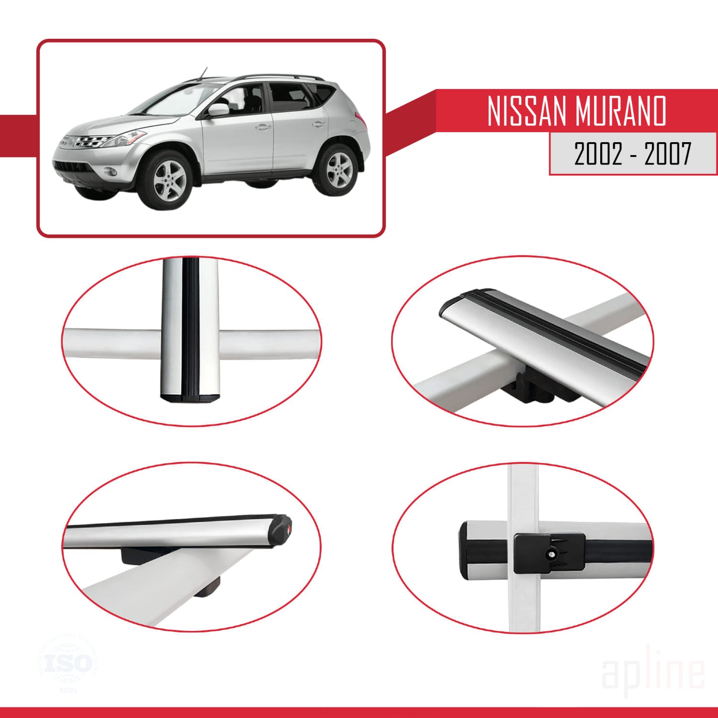 Compatible with Nissan Murano 2002-2007 BASIC Model Car Roof Rack Cross Bar Grey Aluminium 2 Bars