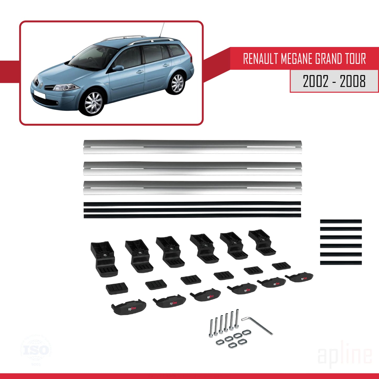 Compatible avec Renault Megane Grand Tour 2002-2008 BASIC Model Barres de Toit Railing Porte-Bagages de Voiture Gris Aluminium 3 Barres