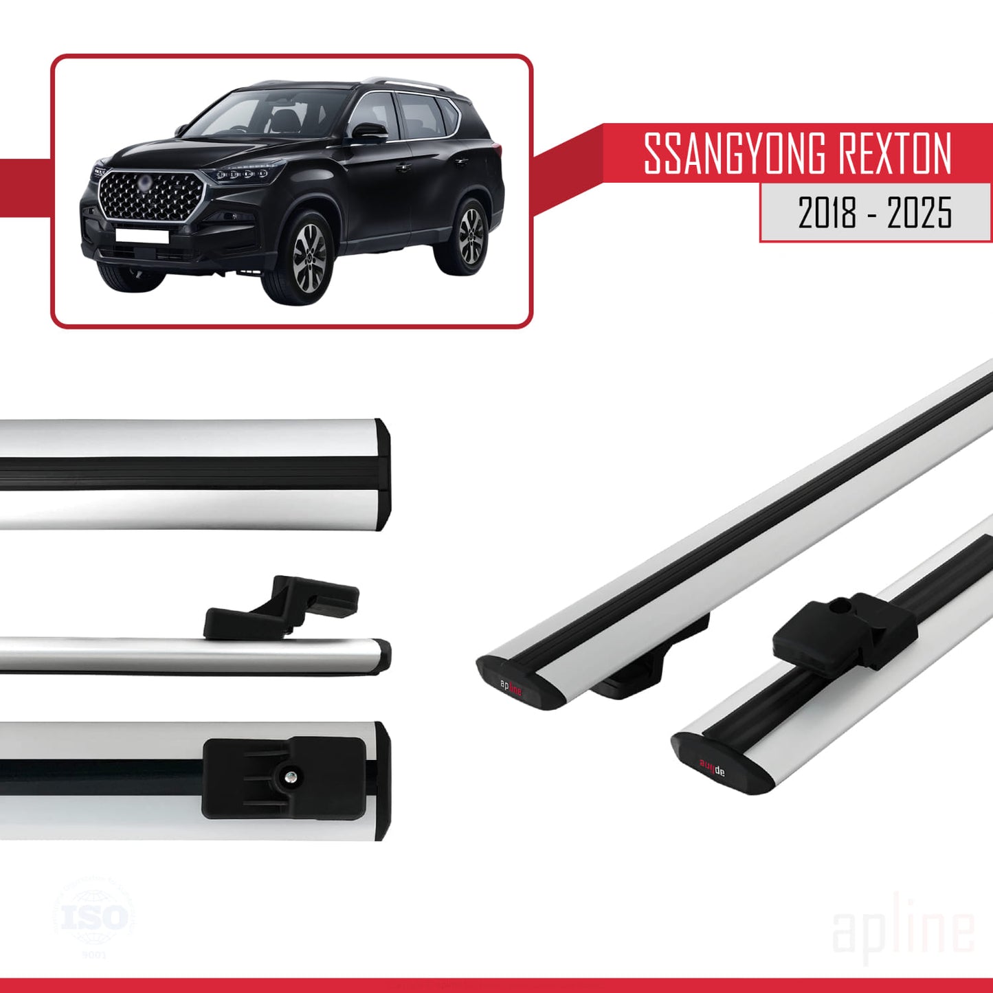 Compatible with SsangYong Rexton 2018-2025 BASIC Model Car Roof Rack Cross Bar Grey Aluminium 2 Bars