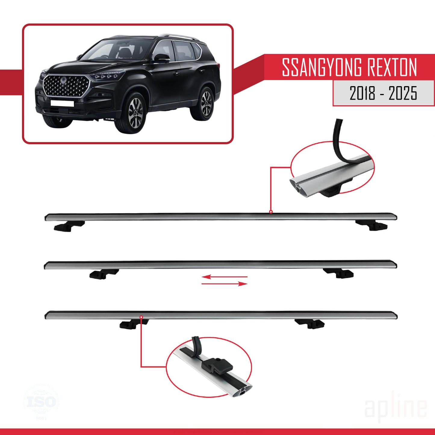 Compatible with SsangYong Rexton 2018-2025 BASIC Model Car Roof Rack Cross Bar Grey Aluminium 2 Bars