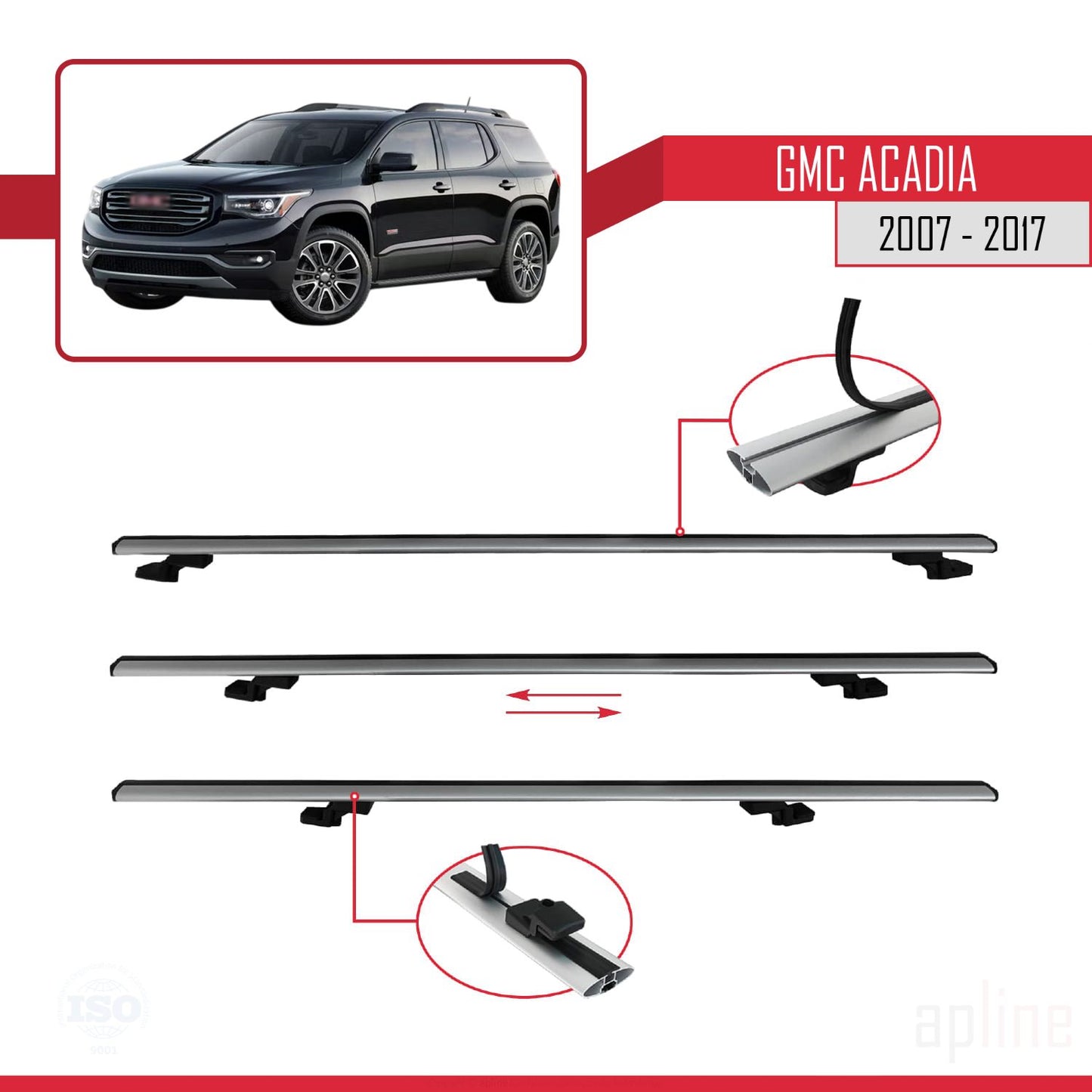 Compatible with GMC Acadia 2007-2017 BASIC Model Car Roof Rack Cross Bar Grey Aluminium 2 Bars