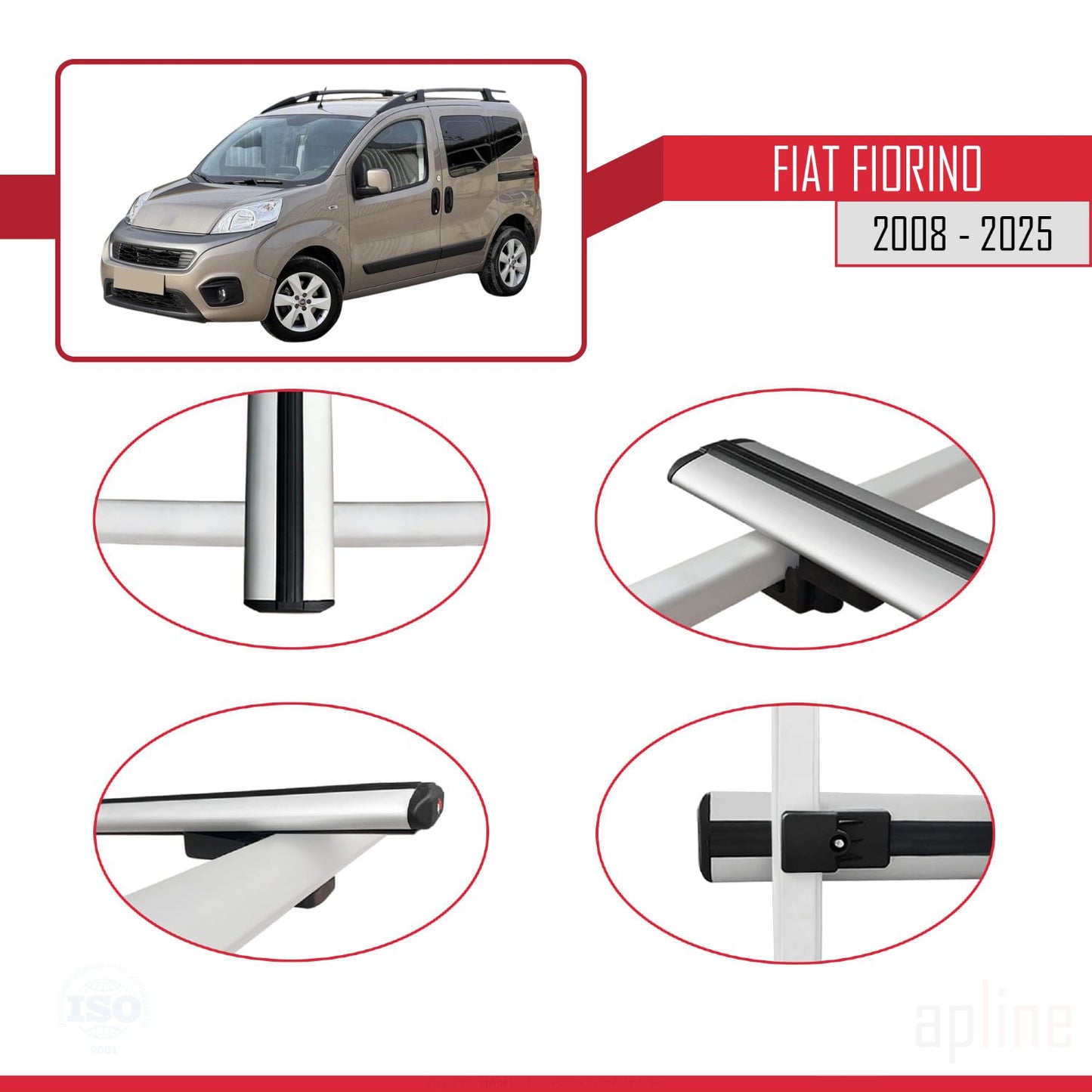 Compatible avec Fiat Fiorino (Modèle Tubulaire) 2008-2025 BASIC Model Barres de Toit Railing Porte-Bagages de Voiture Gris Aluminium 3 Barres