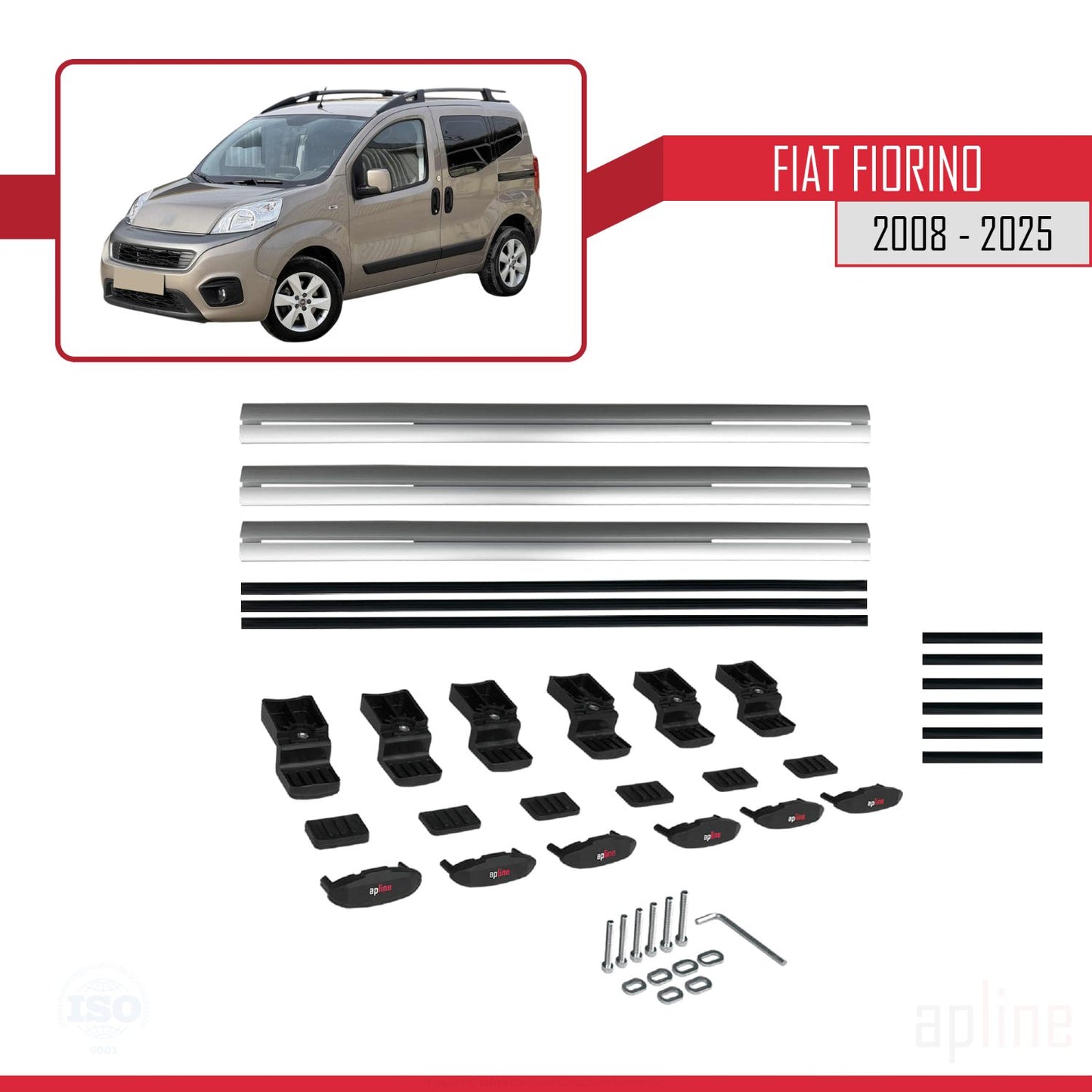 Compatible avec Fiat Fiorino (Modèle Tubulaire) 2008-2025 BASIC Model Barres de Toit Railing Porte-Bagages de Voiture Gris Aluminium 3 Barres