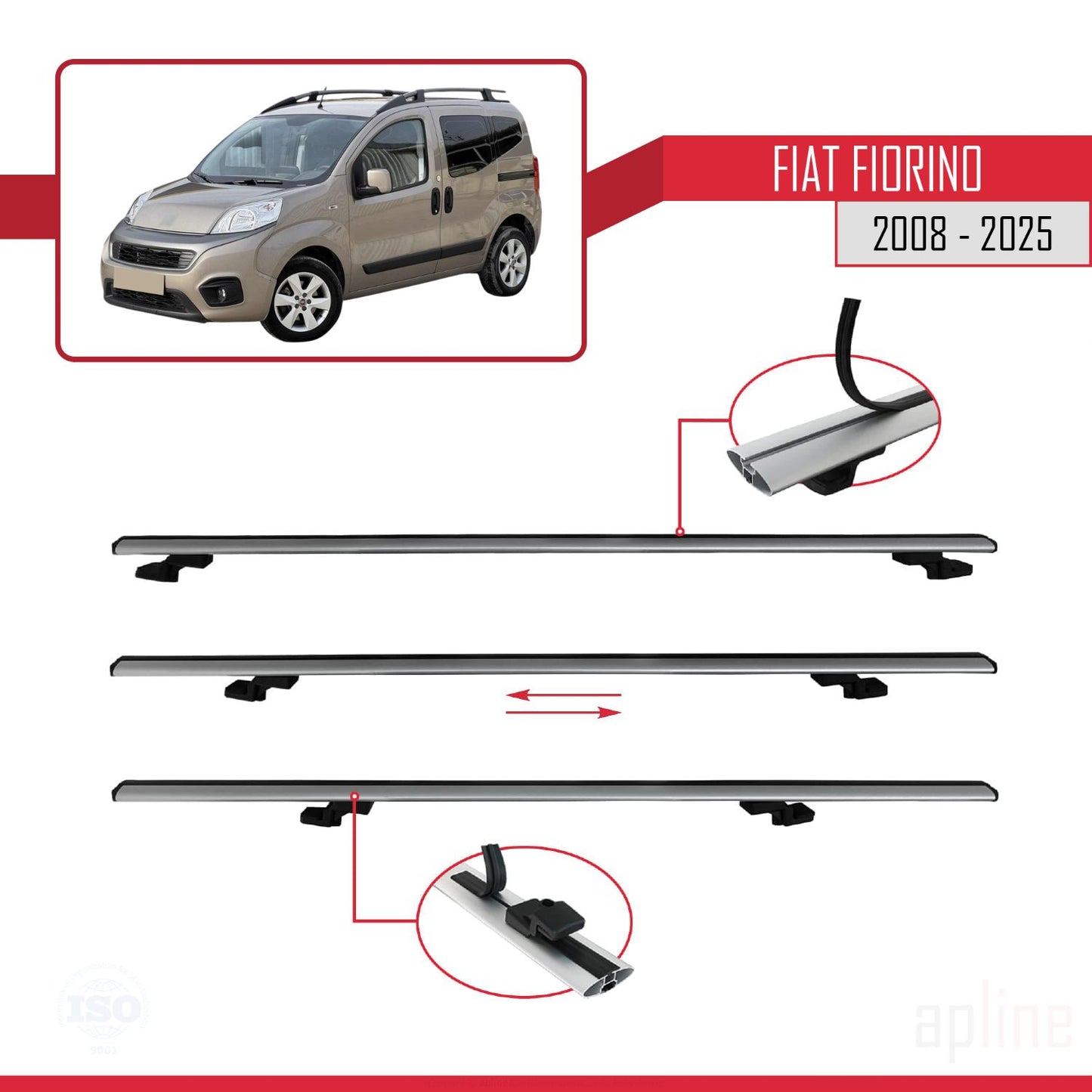 Compatible avec Fiat Fiorino (Modèle Tubulaire) 2008-2025 BASIC Model Barres de Toit Railing Porte-Bagages de Voiture Gris Aluminium 2 Barres