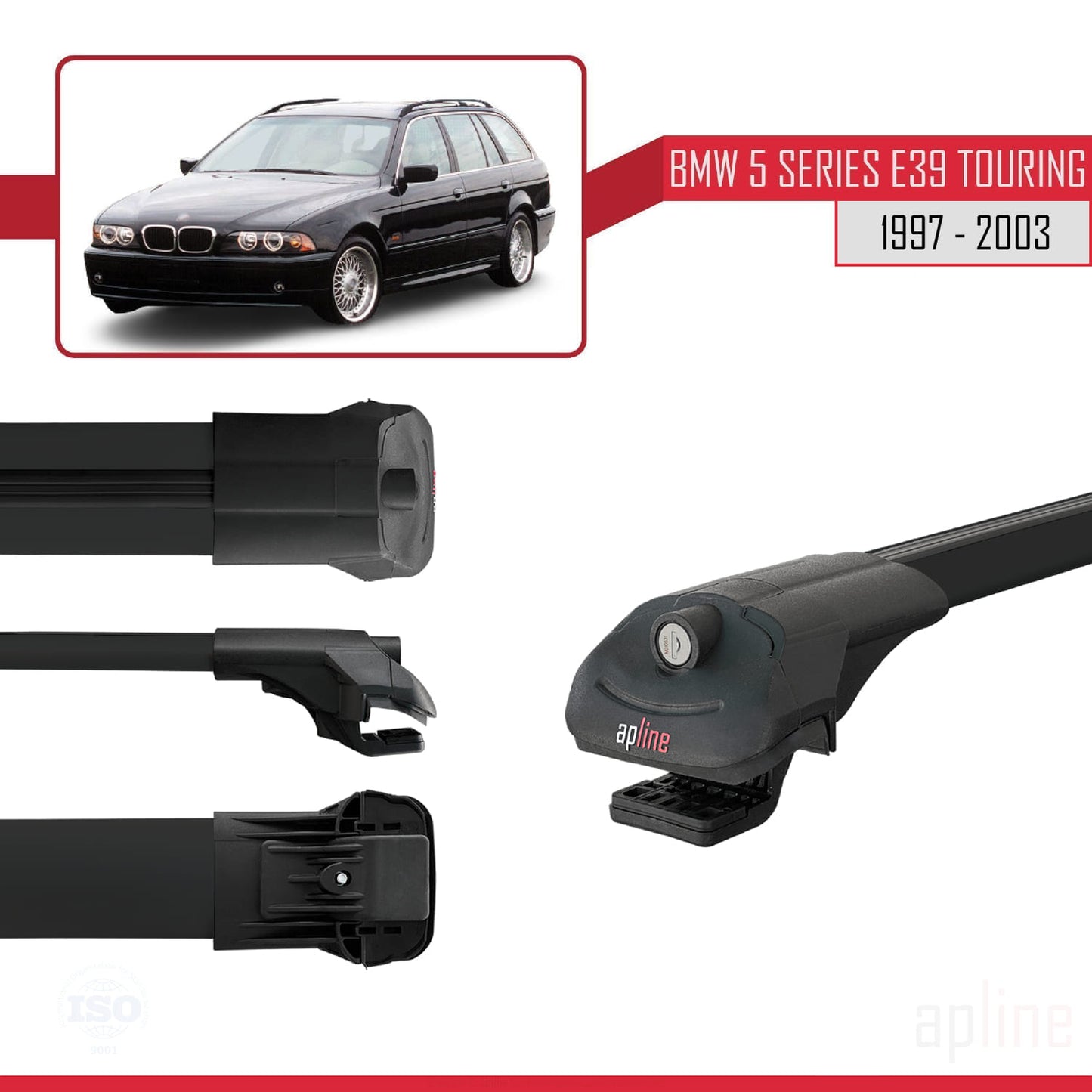 Compatible avec BMW Série 5 (E39) Touring 1997-2003 ACE-1 Barres de Toit Railing Porte-Bagages de Voiture Noir Aluminium 2 Barres