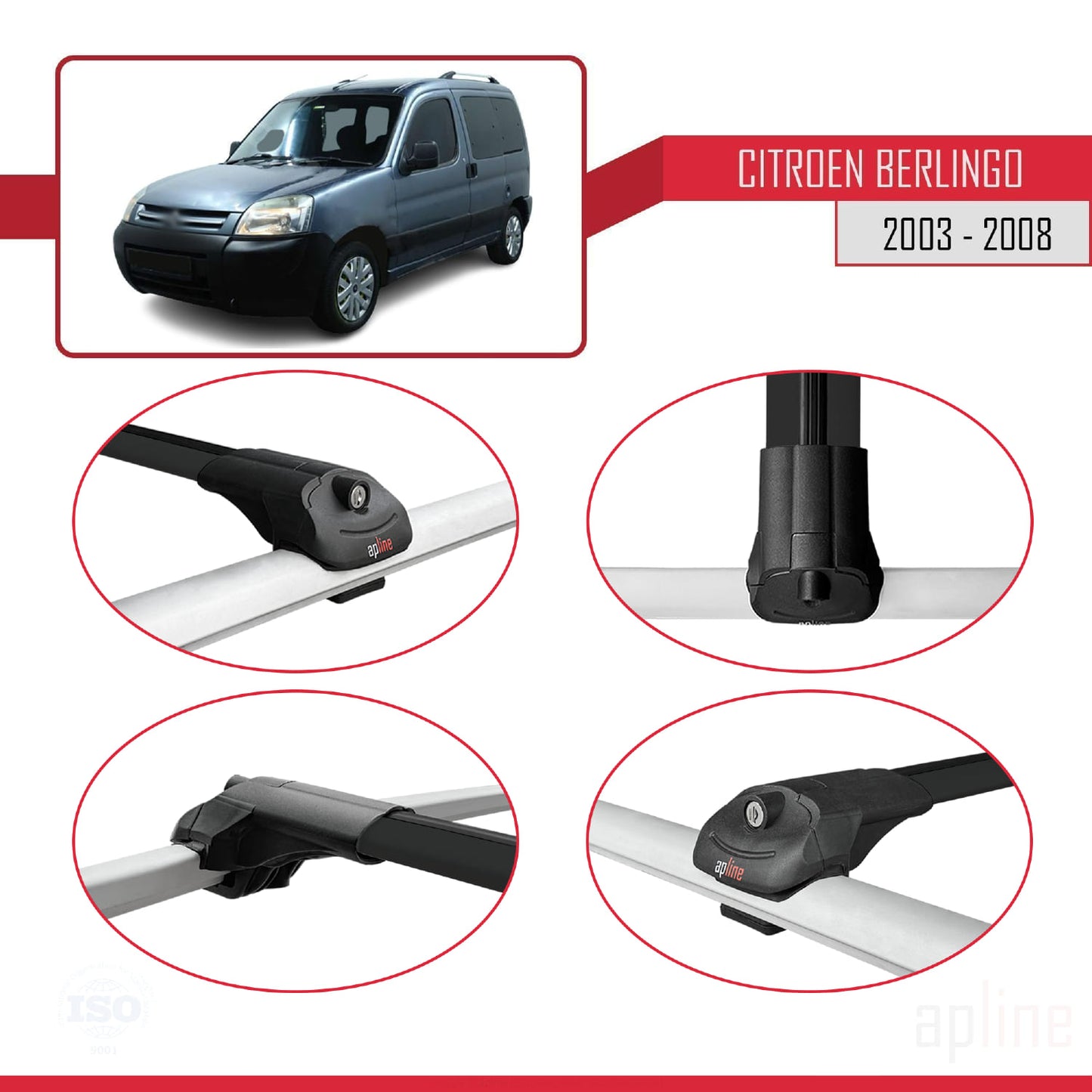 Compatible avec Citroen Berlingo (M59) 2003-2008 ACE-1 Barres de Toit Railing Porte-Bagages de Voiture Noir Aluminium 4 Barres