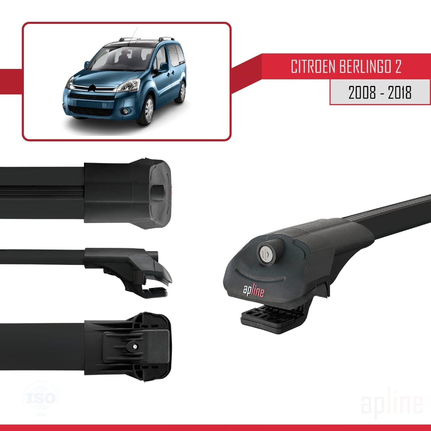 Compatible avec Citroen Berlingo 2 (B9) 2008-2018 ACE-1 Barres de Toit Railing Porte-Bagages de Voiture Noir Aluminium 3 Barres
