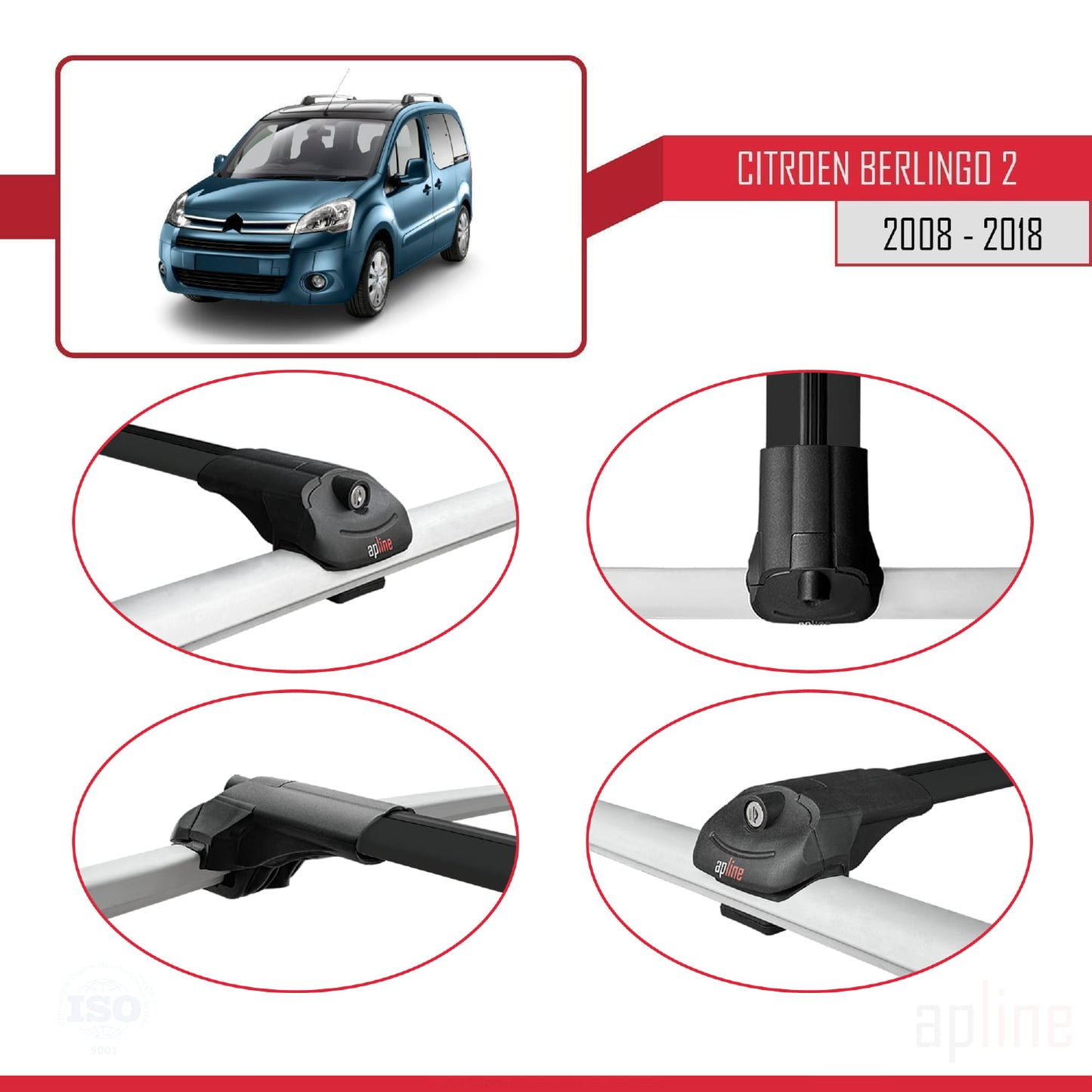 Compatible avec Citroen Berlingo 2 (B9) 2008-2018 ACE-1 Barres de Toit Railing Porte-Bagages de Voiture Noir Aluminium 4 Barres