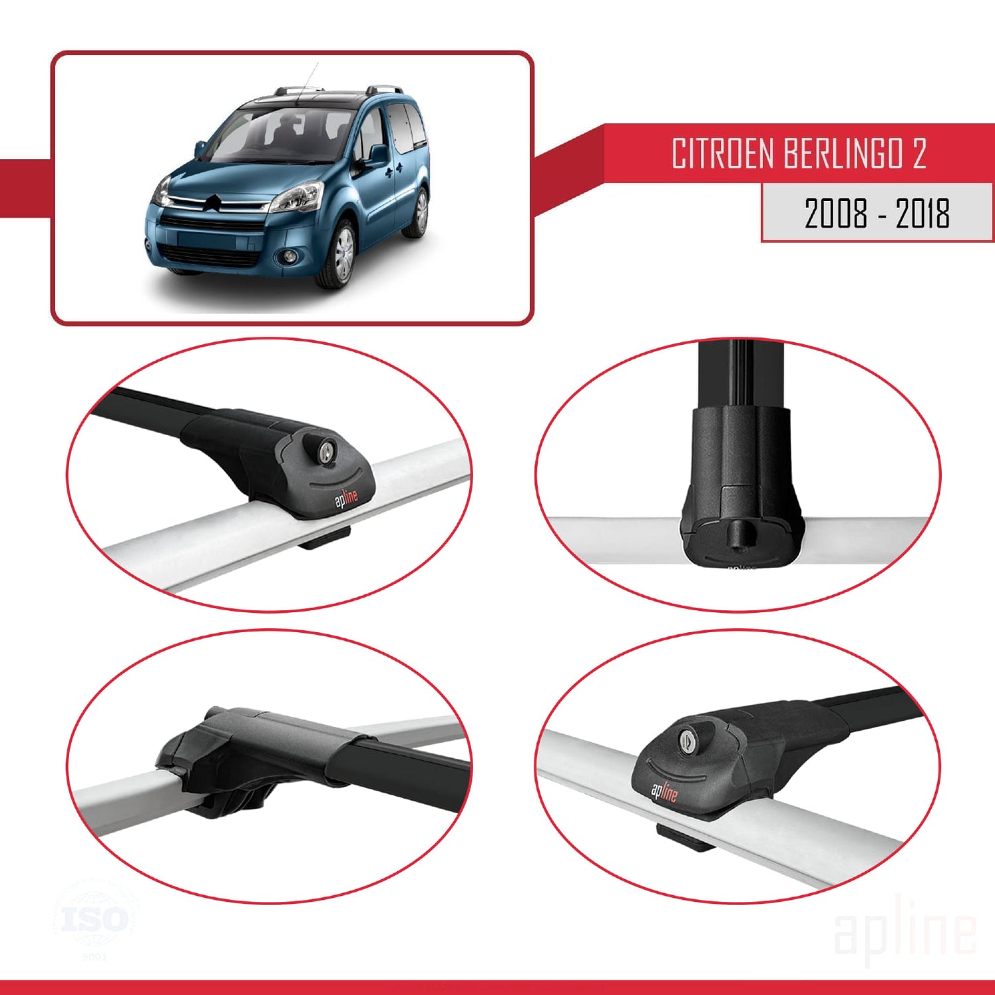 Compatible avec Citroen Berlingo 2 (B9) 2008-2018 ACE-1 Barres de Toit Railing Porte-Bagages de Voiture Noir Aluminium 2 Barres