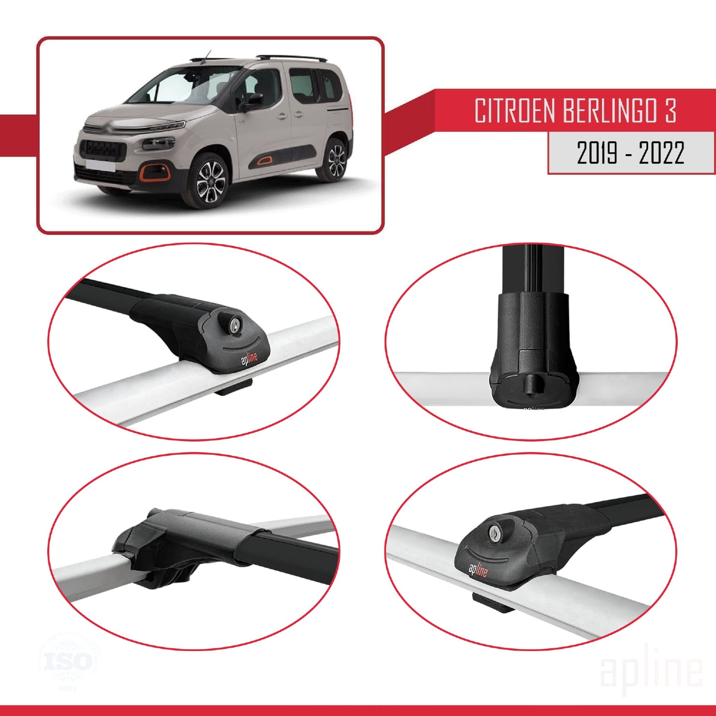 Compatible with Citroen Berlingo 3 (K9) 2019-2022 ACE-1 Car Roof Rack Cross Bar Black Aluminium 2 Bars