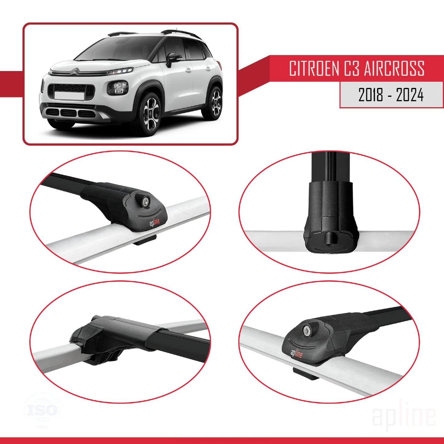 Compatible avec Citroen C3 Aircross (A88) 2018-2024 ACE-1 Barres de Toit Railing Porte-Bagages de Voiture Noir Aluminium 3 Barres