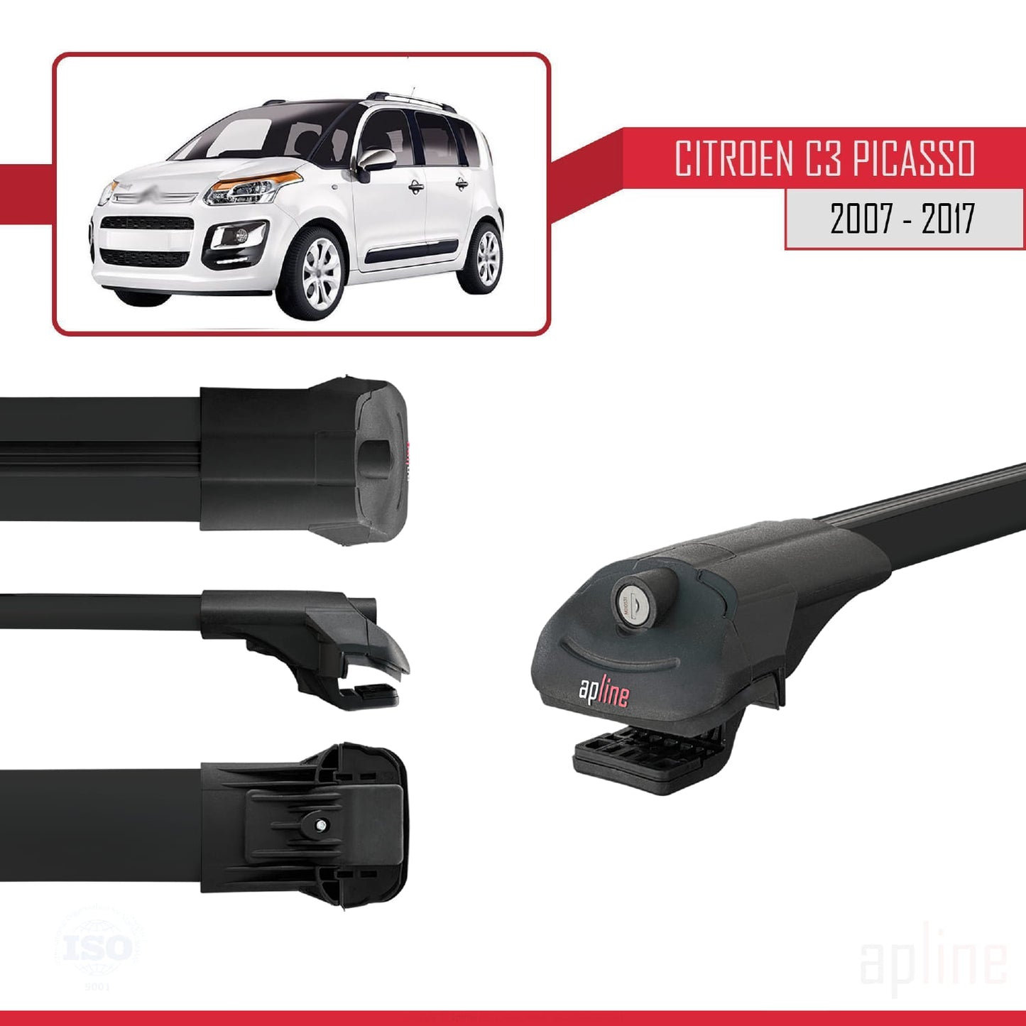 Compatible avec Citroen C3 Picasso 2009-2017 ACE-1 Barres de Toit Railing Porte-Bagages de Voiture Noir Aluminium 2 Barres