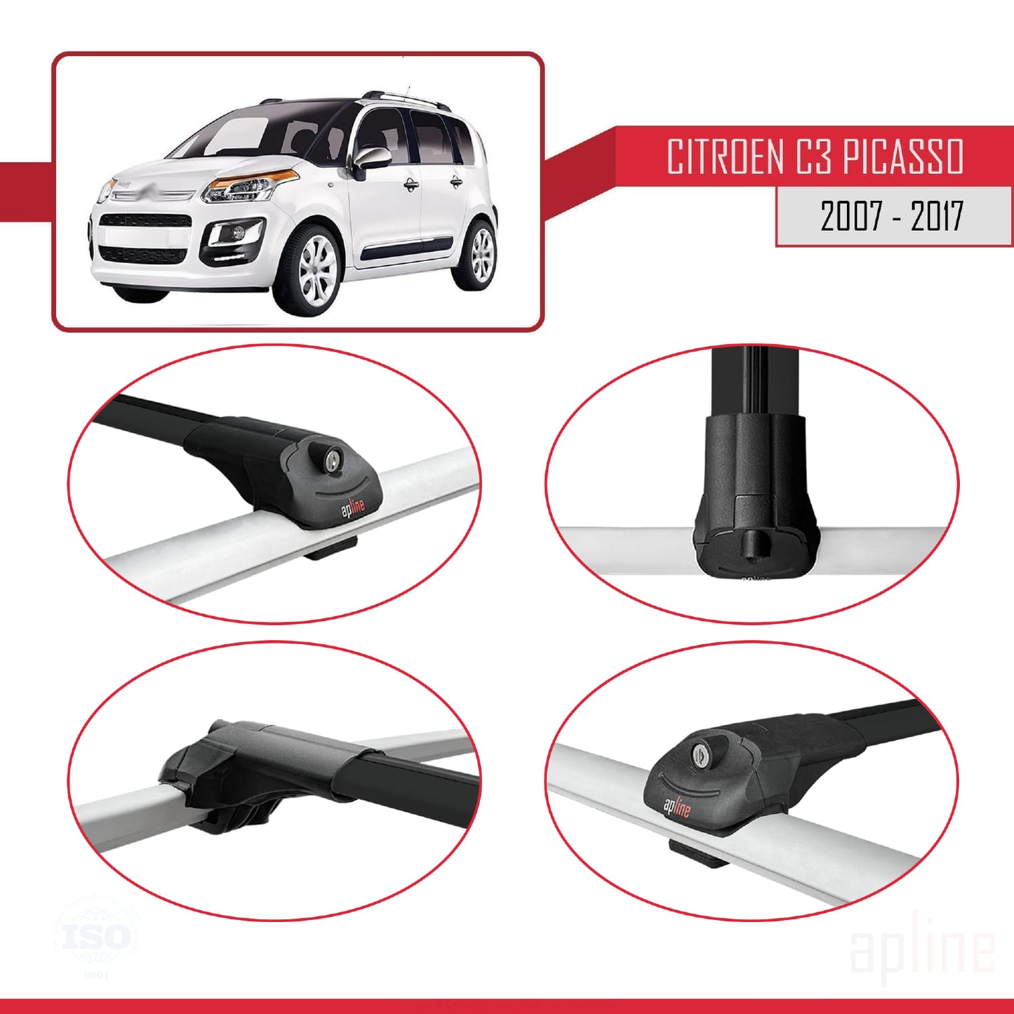 Compatible avec Citroen C3 Picasso 2009-2017 ACE-1 Barres de Toit Railing Porte-Bagages de Voiture Noir Aluminium 2 Barres