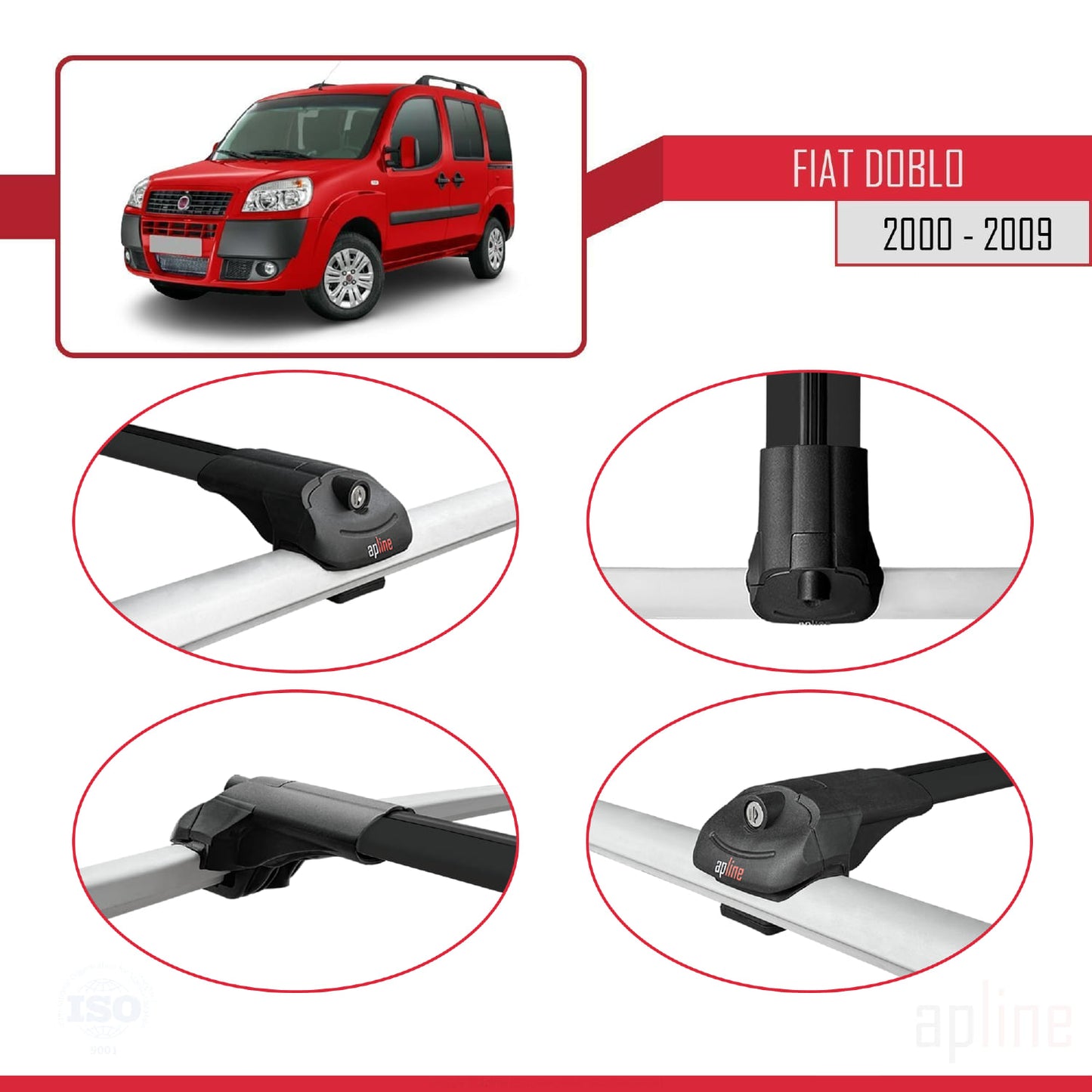 Compatible avec Fiat Doblo 2000-2009 ACE-1 Barres de Toit Railing Porte-Bagages de Voiture Noir Aluminium 4 Barres