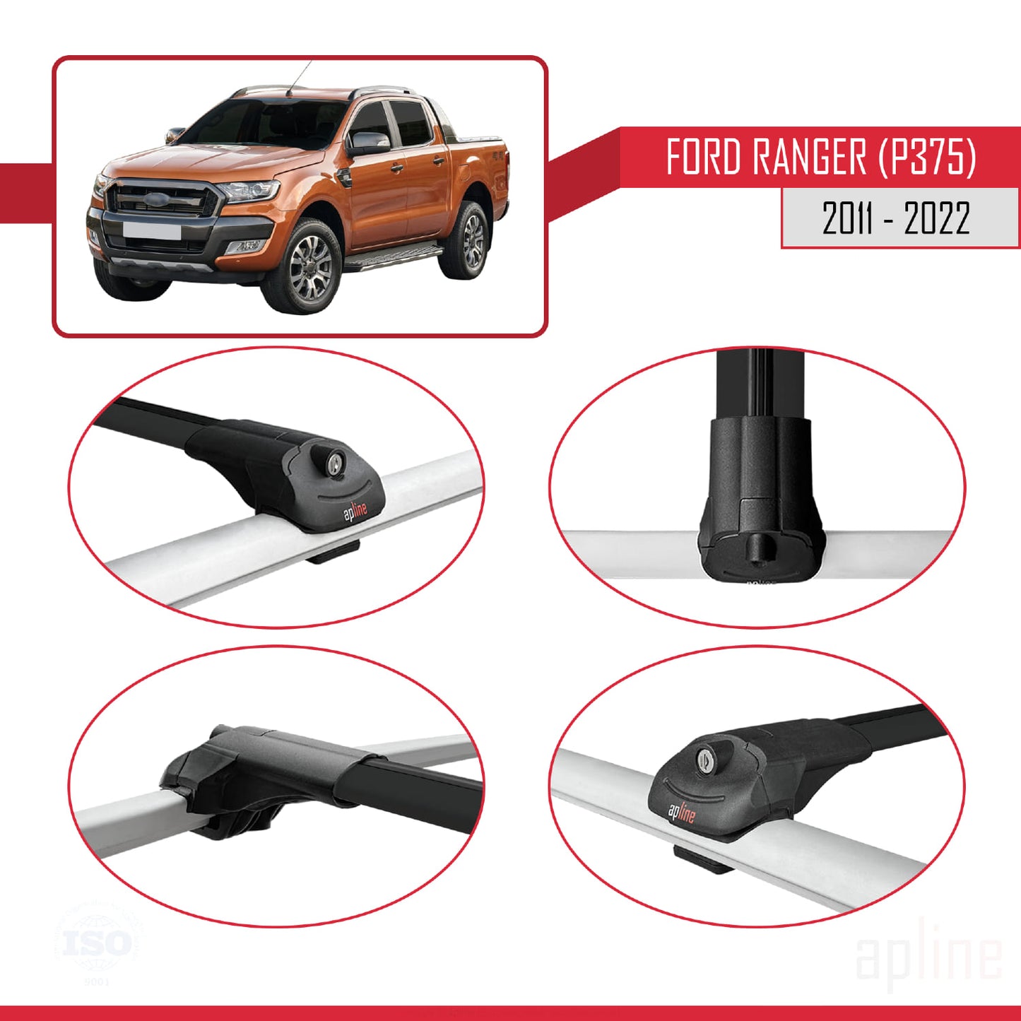 Compatible with Ford Ranger (P375) 2011-2022 ACE-1 Car Roof Rack Cross Bar Black Aluminium 2 Bars