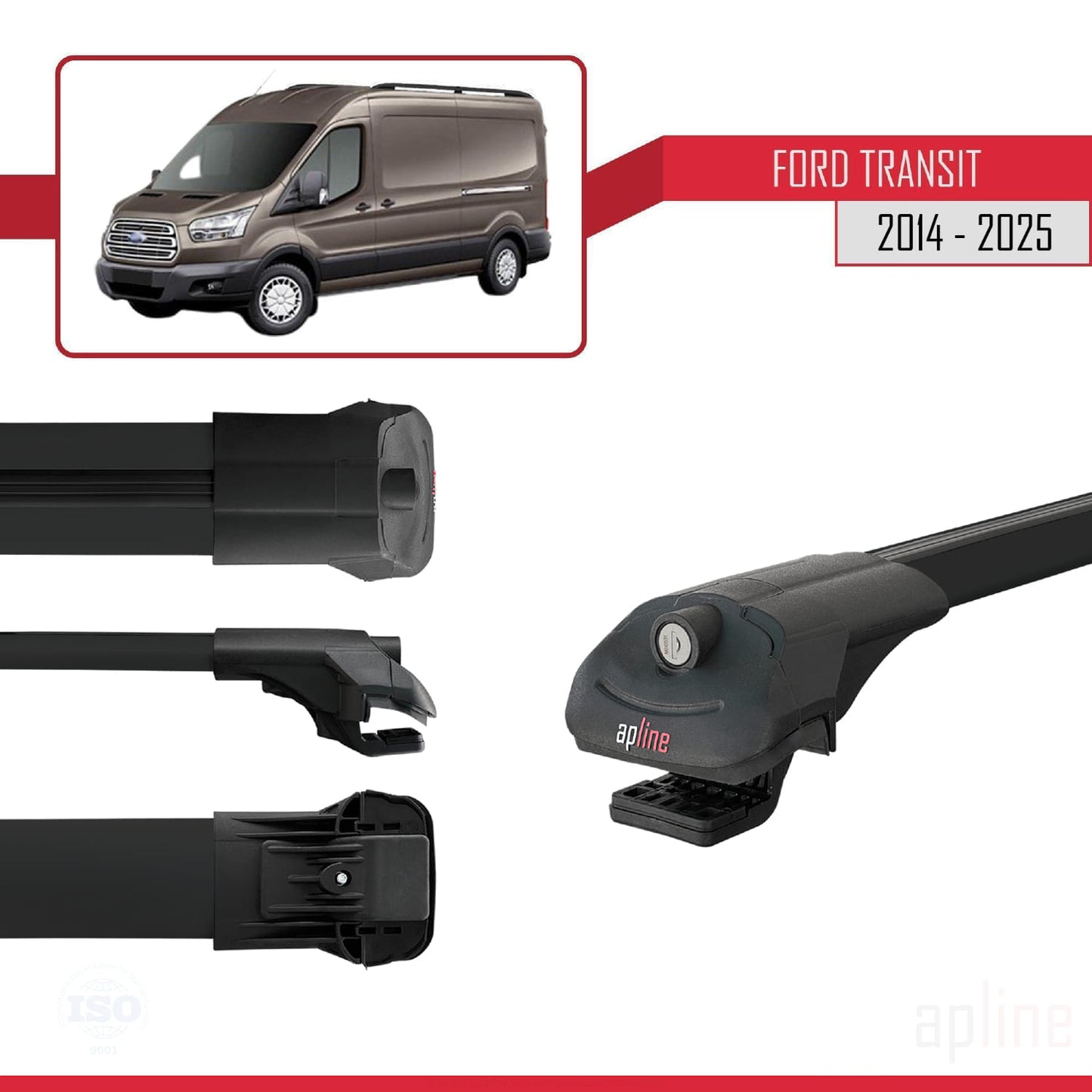 Compatible avec Ford Transit 2014-2025 ACE-1 Barres de Toit Railing Porte-Bagages de Voiture Noir Aluminium 3 Barres