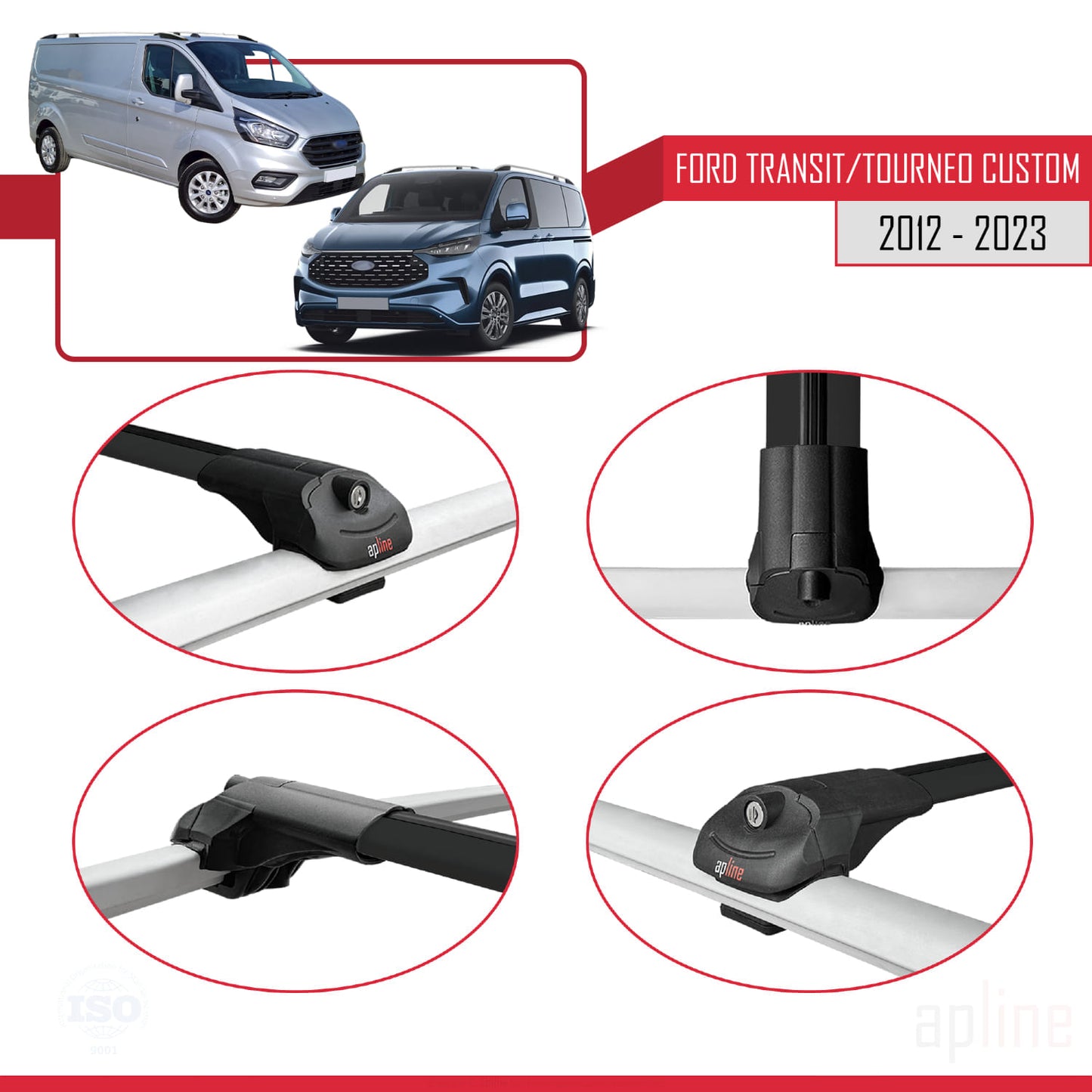 Compatible avec Ford Transit/Tourneo Custom 2012-2023 ACE-1 Barres de Toit Railing Porte-Bagages de Voiture Noir Aluminium 2 Barres