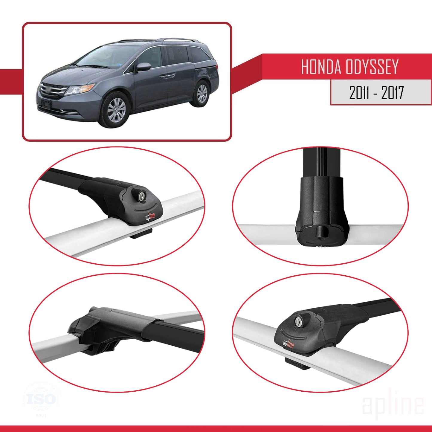 Compatible avec Honda Odyssey 2011-2017 ACE-1 Barres de Toit Railing Porte-Bagages de Voiture Noir Aluminium 3 Barres