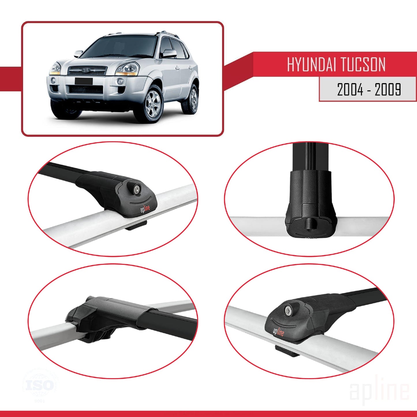 Compatible with Hyundai Tucson (JM) 2004-2009 ACE-1 Car Roof Rack Cross Bar Black Aluminium 3 Bars