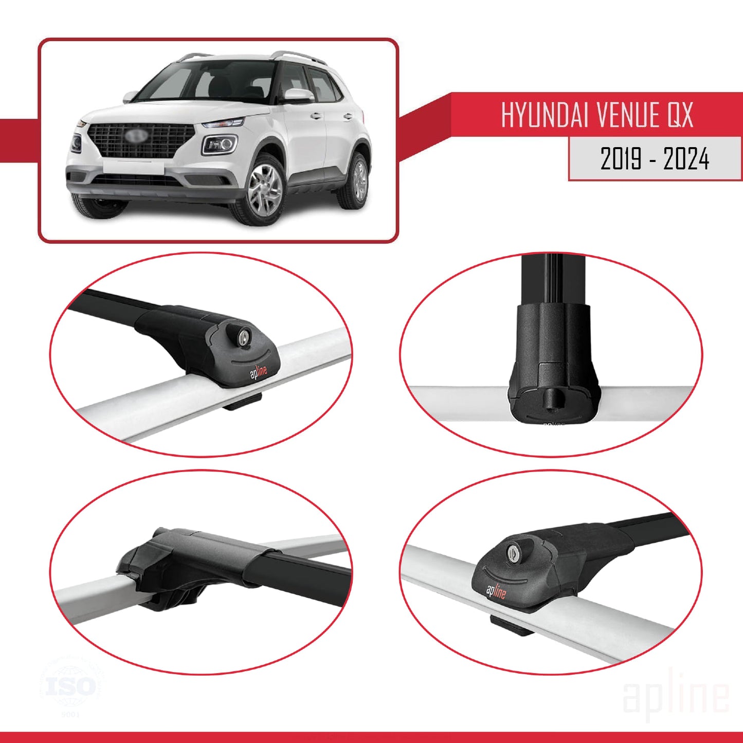 Compatible avec Hyundai Venue (QX) 2019-2024 ACE-1 Barres de Toit Railing Porte-Bagages de Voiture Noir Aluminium 2 Barres