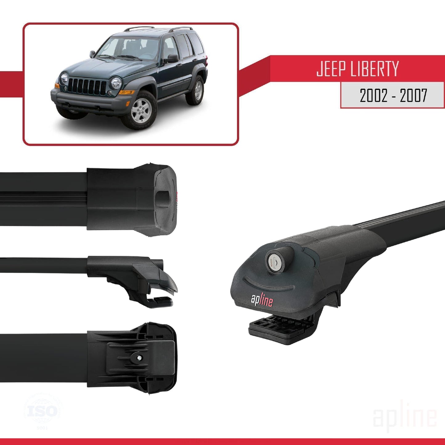 Compatible avec Jeep Liberty 2002-2007 ACE-1 Barres de Toit Railing Porte-Bagages de Voiture Noir Aluminium 3 Barres