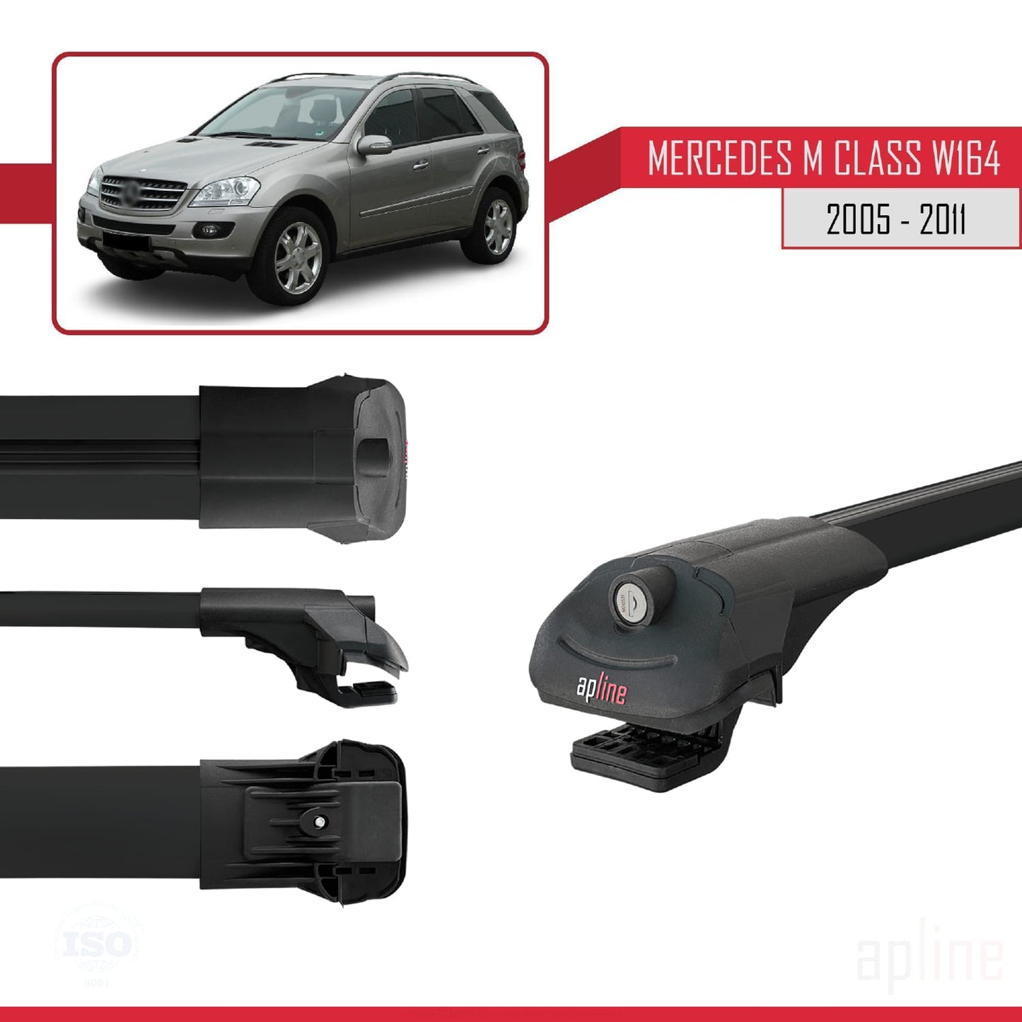Compatible with Mercedes M Class 2 (W164) 2005-2011 ACE-1 Car Roof Rack Cross Bar Black Aluminium 3 Bars
