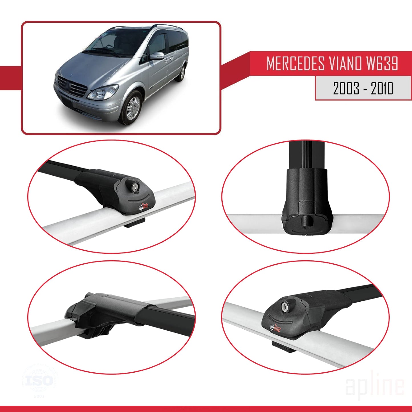 Compatible with Mercedes Viano 2 (W639) Pre-Facelift 2003-2010 ACE-1 Car Roof Rack Cross Bar Black Aluminium 3 Bars