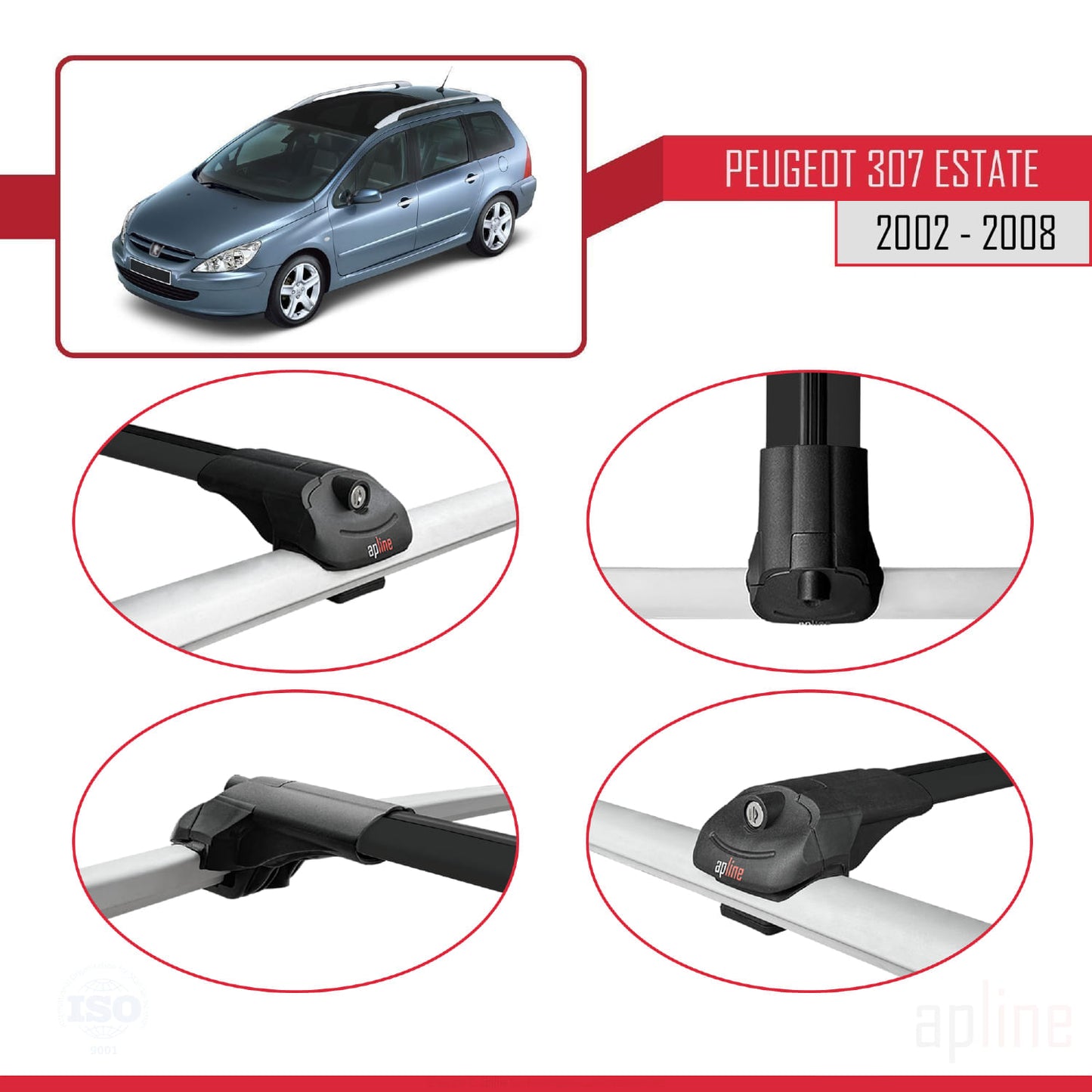 Compatible avec Peugeot 307 Break 2002-2008 ACE-1 Barres de Toit Railing Porte-Bagages de Voiture Noir Aluminium 3 Barres