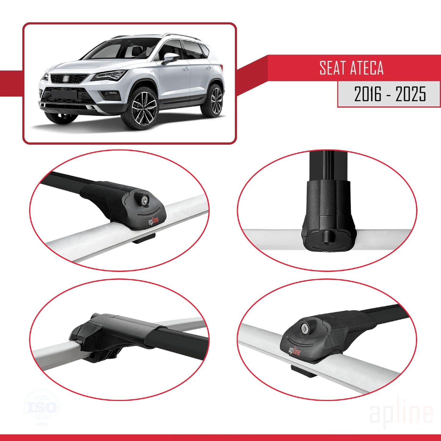 Compatible with Seat Ateca (KH7) 2016-2025 ACE-1 Car Roof Rack Cross Bar Black Aluminium 3 Bars