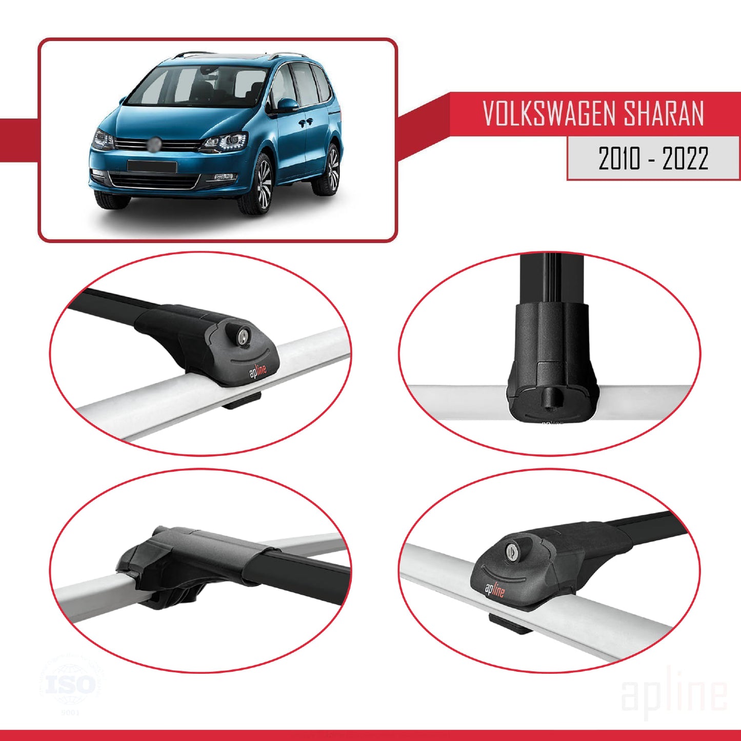 Compatible avec Volkswagen Sharan 2 (7N) 2010-2022 ACE-1 Barres de Toit Railing Porte-Bagages de Voiture Noir Aluminium 3 Barres