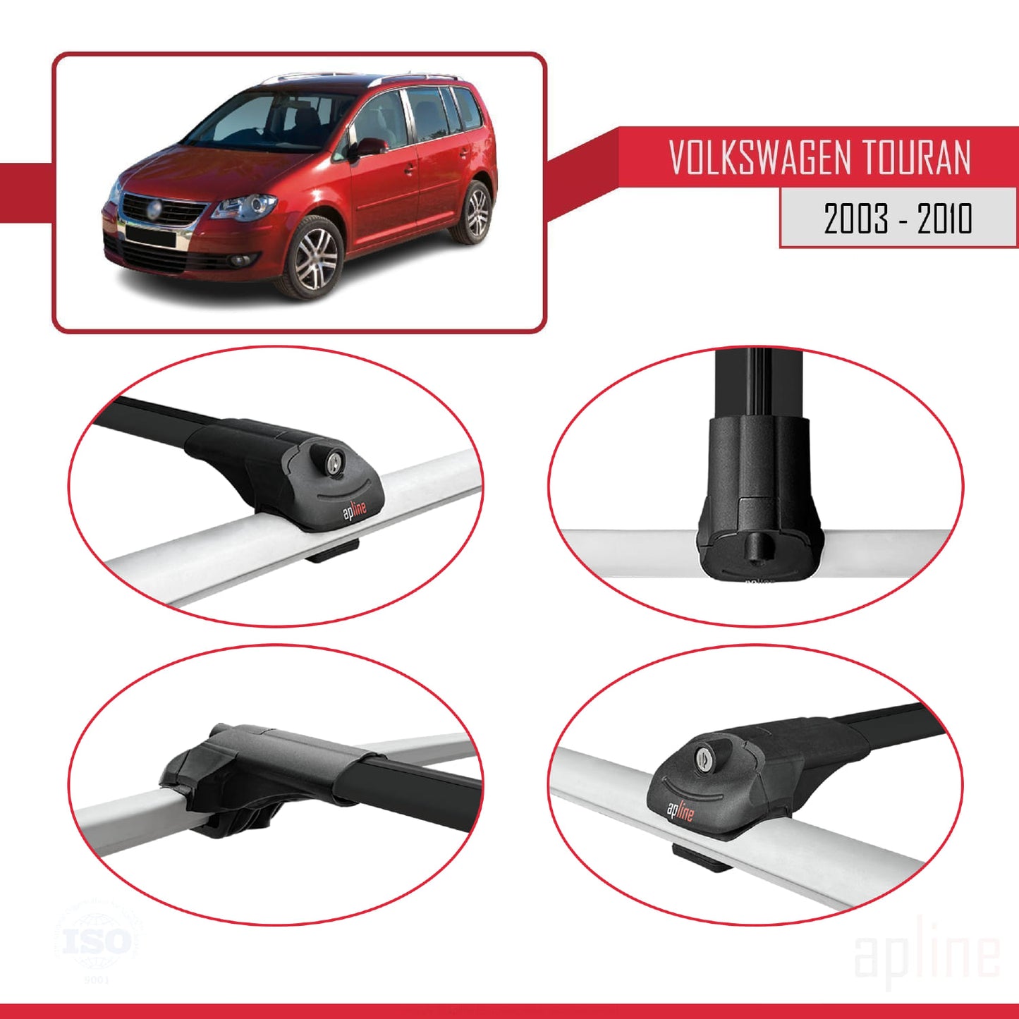 Compatible avec Volkswagen Touran (1T) Pre-Facelift 2003-2010 ACE-1 Barres de Toit Railing Porte-Bagages de Voiture Noir Aluminium 2 Barres