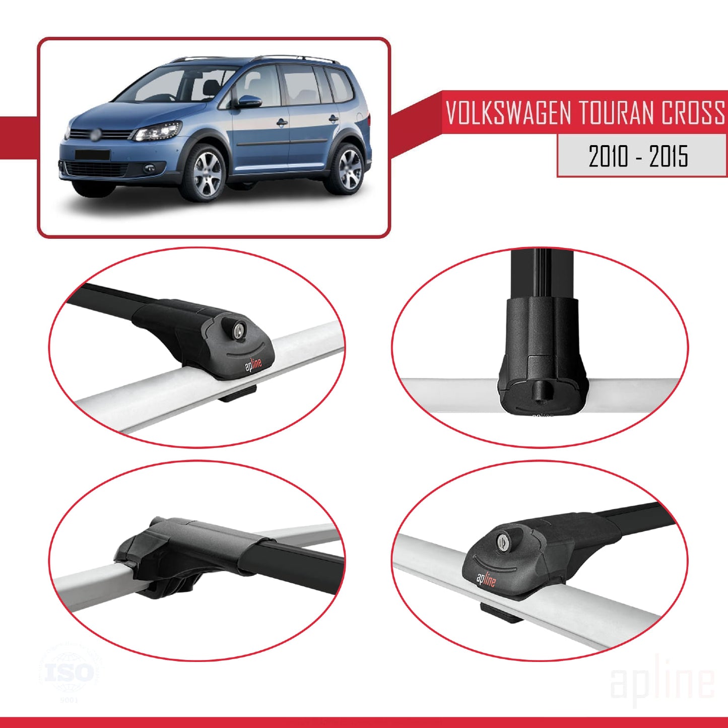Compatible with Volkswagen Touran (1T) Post-Facelift 2010-2015 ACE-1 Car Roof Rack Cross Bar Black Aluminium 3 Bars