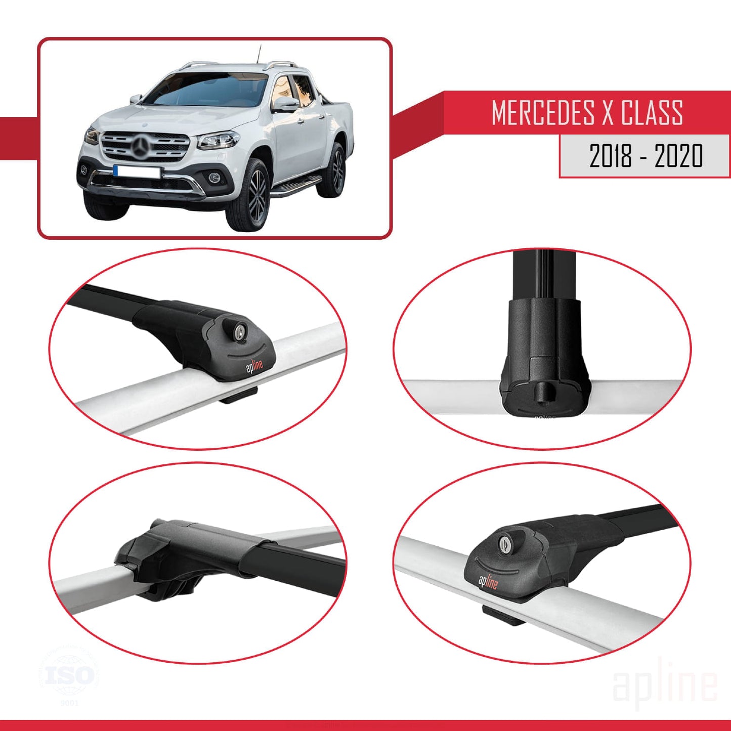 Compatible with Mercedes X Class (470) 2018-2020 ACE-1 Car Roof Rack Cross Bar Black Aluminium 2 Bars