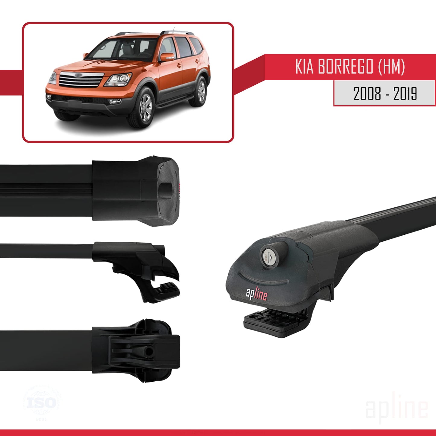 Compatible avec Kia Borrego (HM) 2008-2019 ACE-1 Barres de Toit Railing Porte-Bagages de Voiture Noir Aluminium 3 Barres