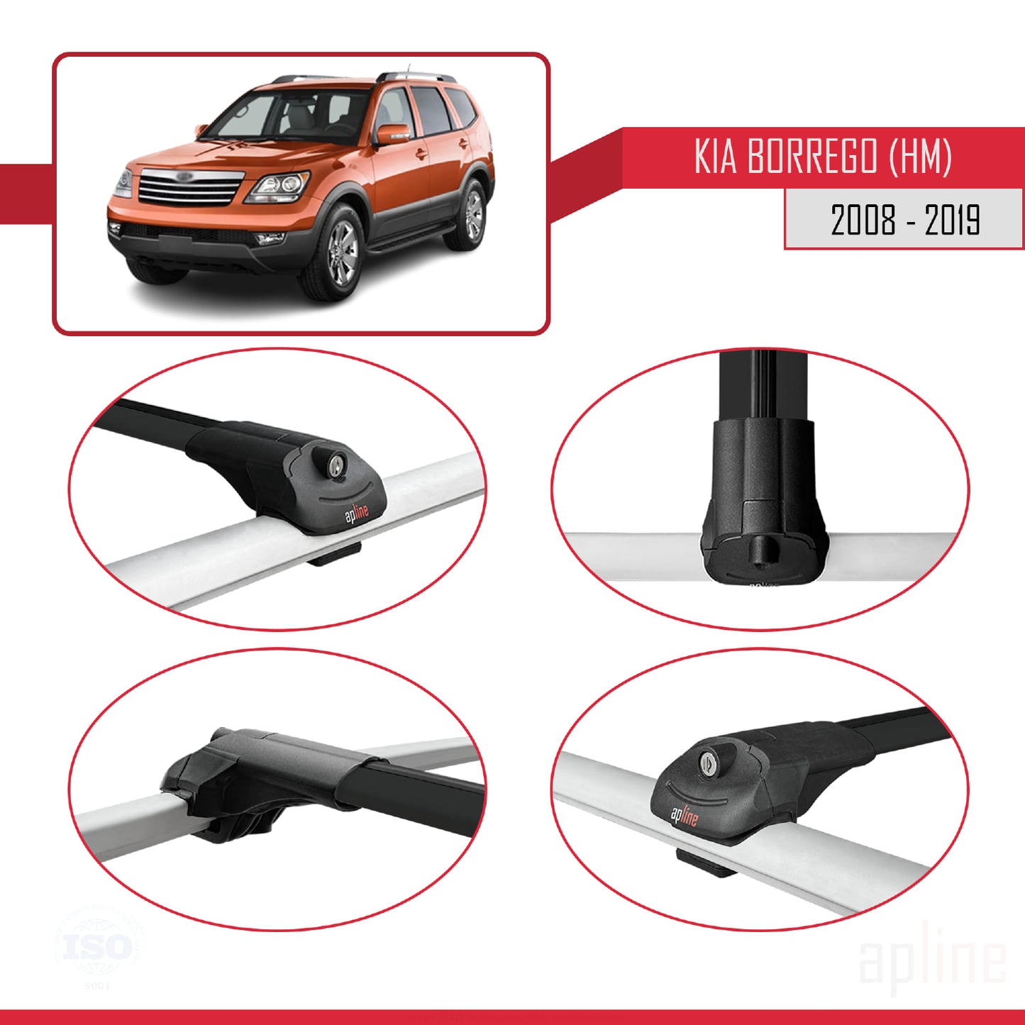 Compatible avec Kia Borrego (HM) 2008-2019 ACE-1 Barres de Toit Railing Porte-Bagages de Voiture Noir Aluminium 3 Barres