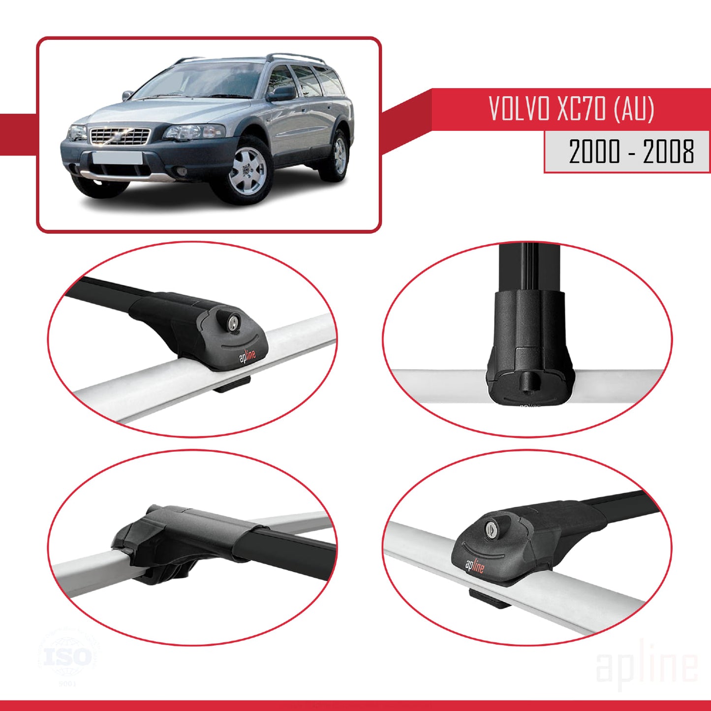 Compatible avec Volvo XC70 (P2) 2000-2007 ACE-1 Barres de Toit Railing Porte-Bagages de Voiture Noir Aluminium 2 Barres