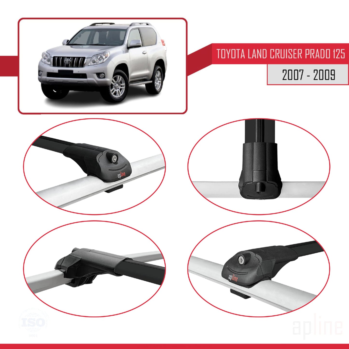 Compatible avec Toyota Land Cruiser Prado (J125) 2007-2009 ACE-1 Barres de Toit Railing Porte-Bagages de Voiture Noir Aluminium 3 Barres