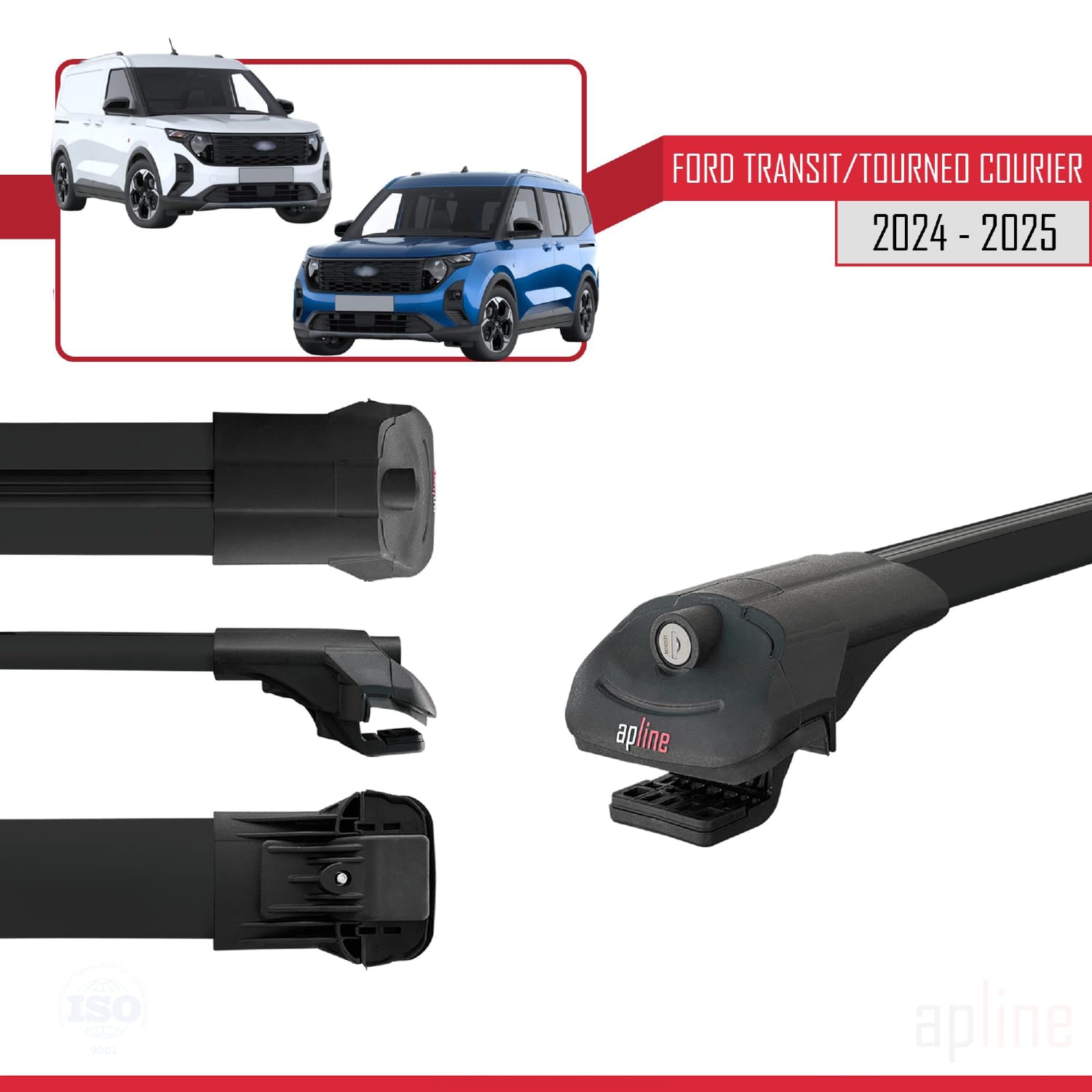 Compatible avec Ford Transit / Tourneo Courier 2024-2025 ACE-1 Barres de Toit Railing Porte-Bagages de Voiture Noir Aluminium 2 Barres