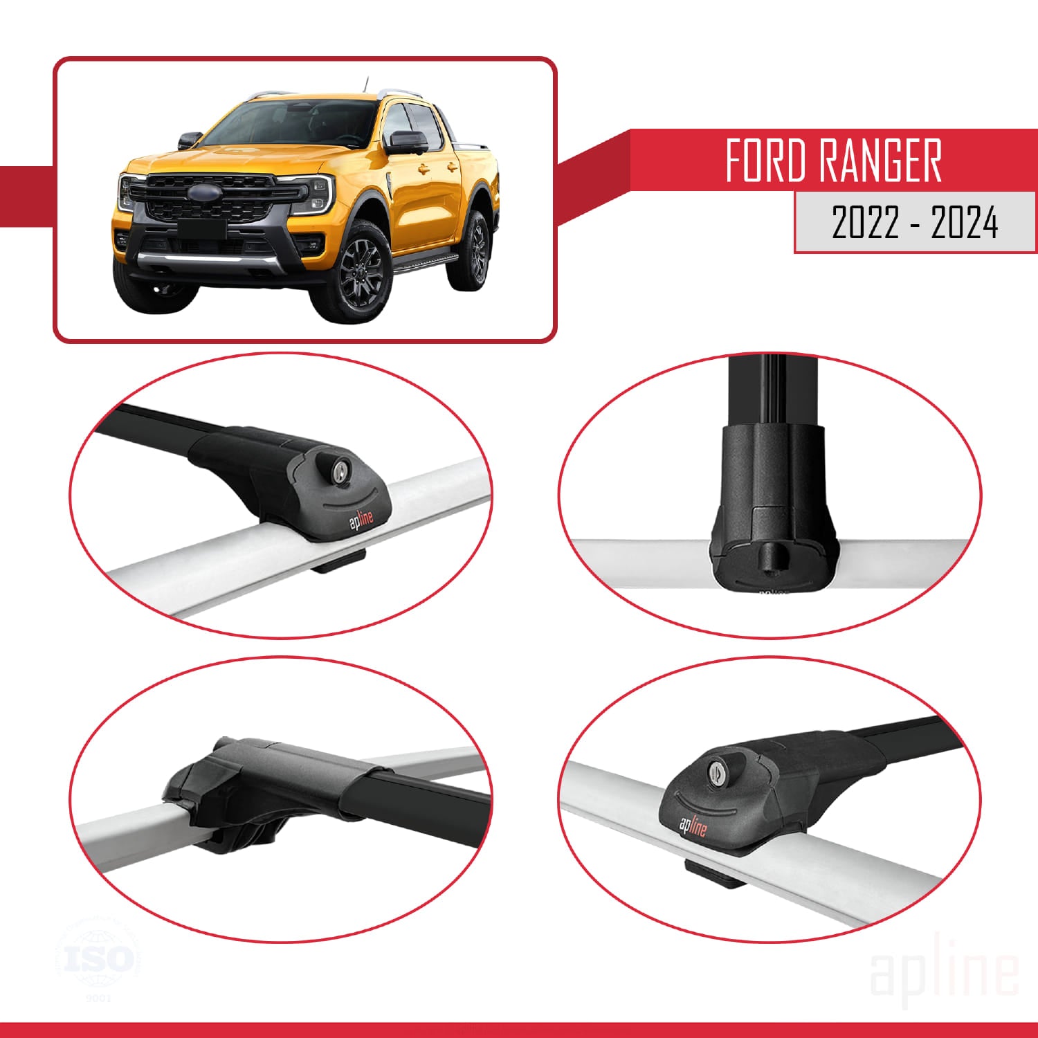 Compatible avec Ford Ranger (P703) 2022-2024 ACE-1 Barres de Toit Railing Porte-Bagages de Voiture Noir Aluminium 2 Barres