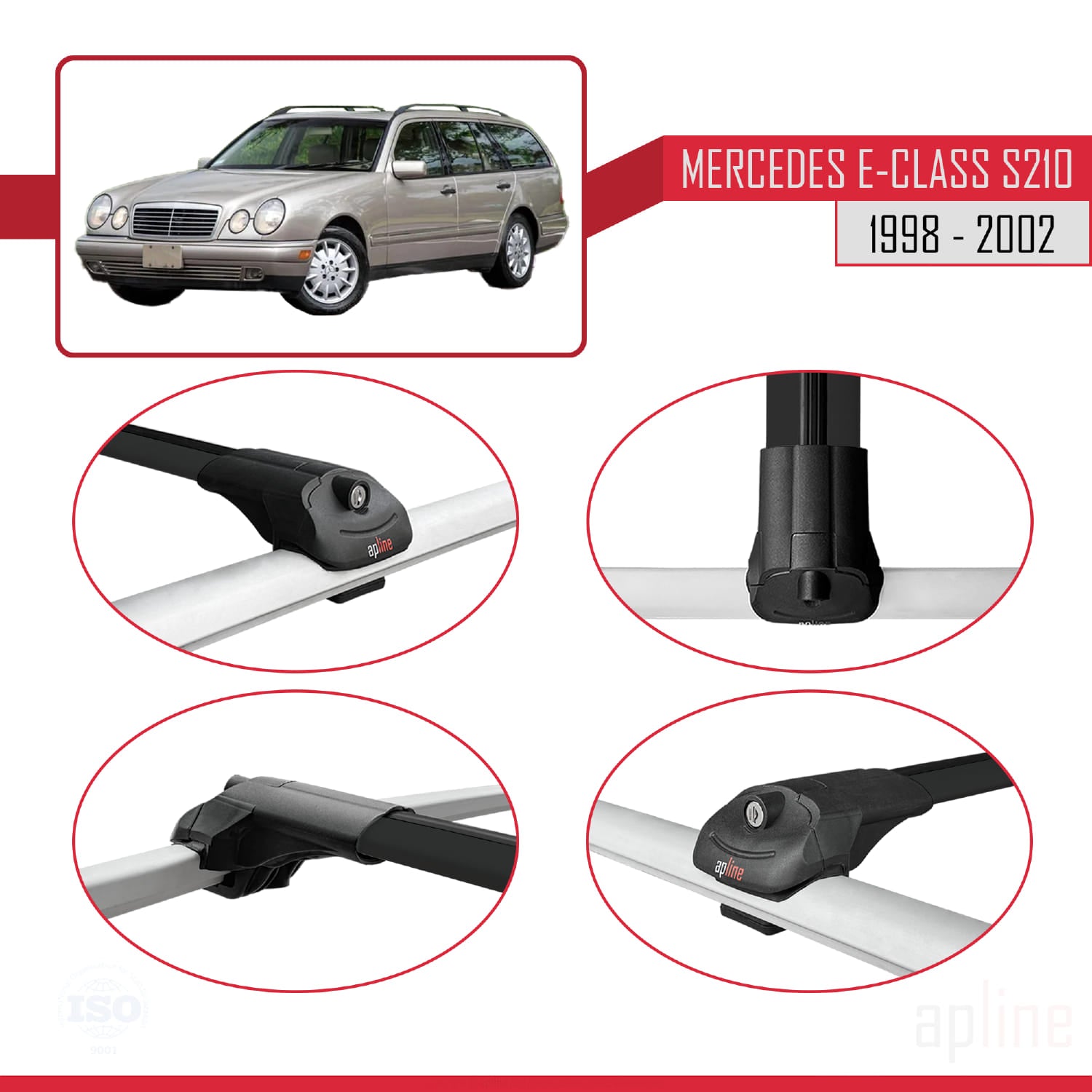 Compatible avec Mercedes E Class S210 Wagon 1998-2002 ACE-1 Barres de Toit Railing Porte-Bagages de Voiture Noir Aluminium 3 Barres