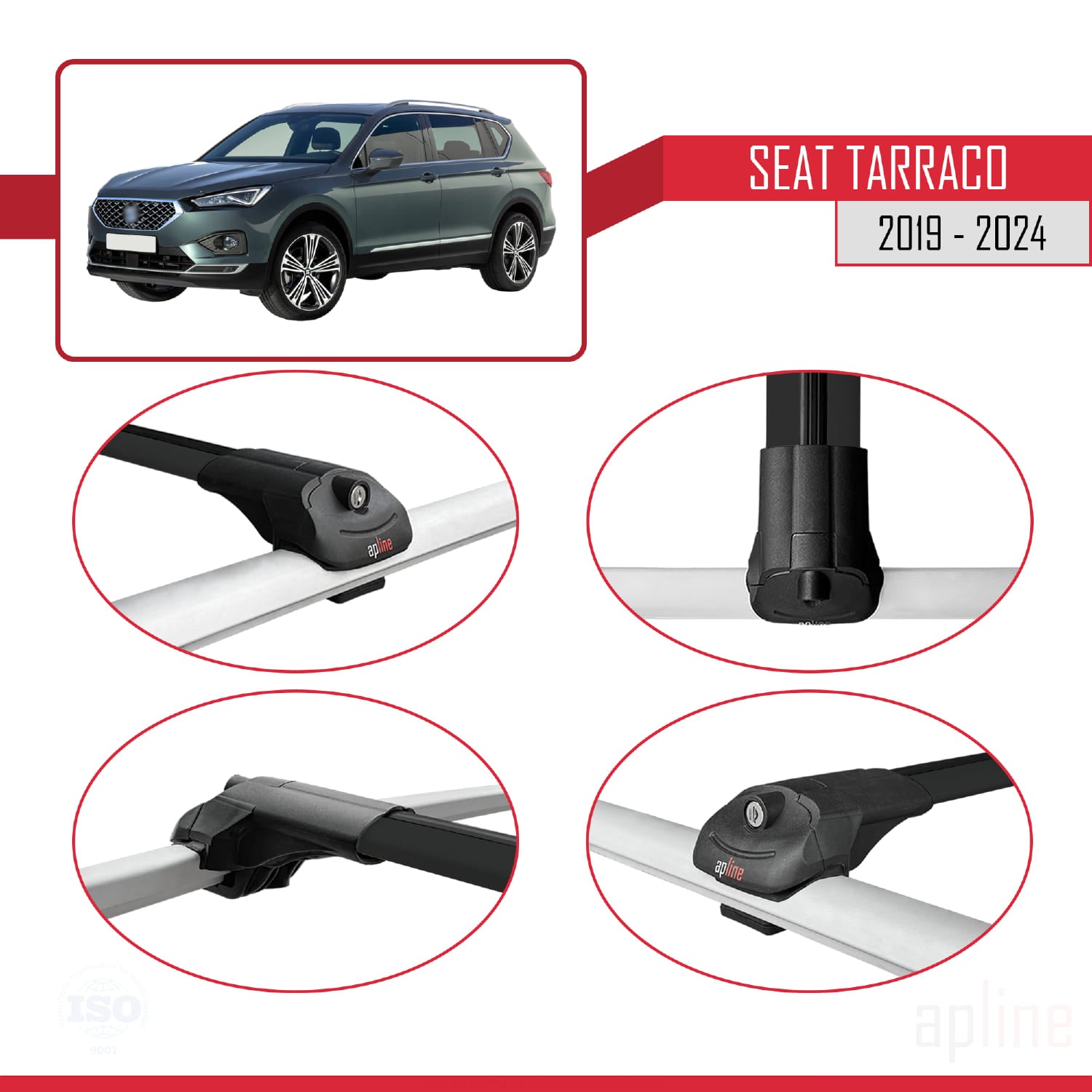 Compatible avec Seat Tarraco 2019-2024 ACE-1 Barres de Toit Railing Porte-Bagages de Voiture Noir Aluminium 3 Barres