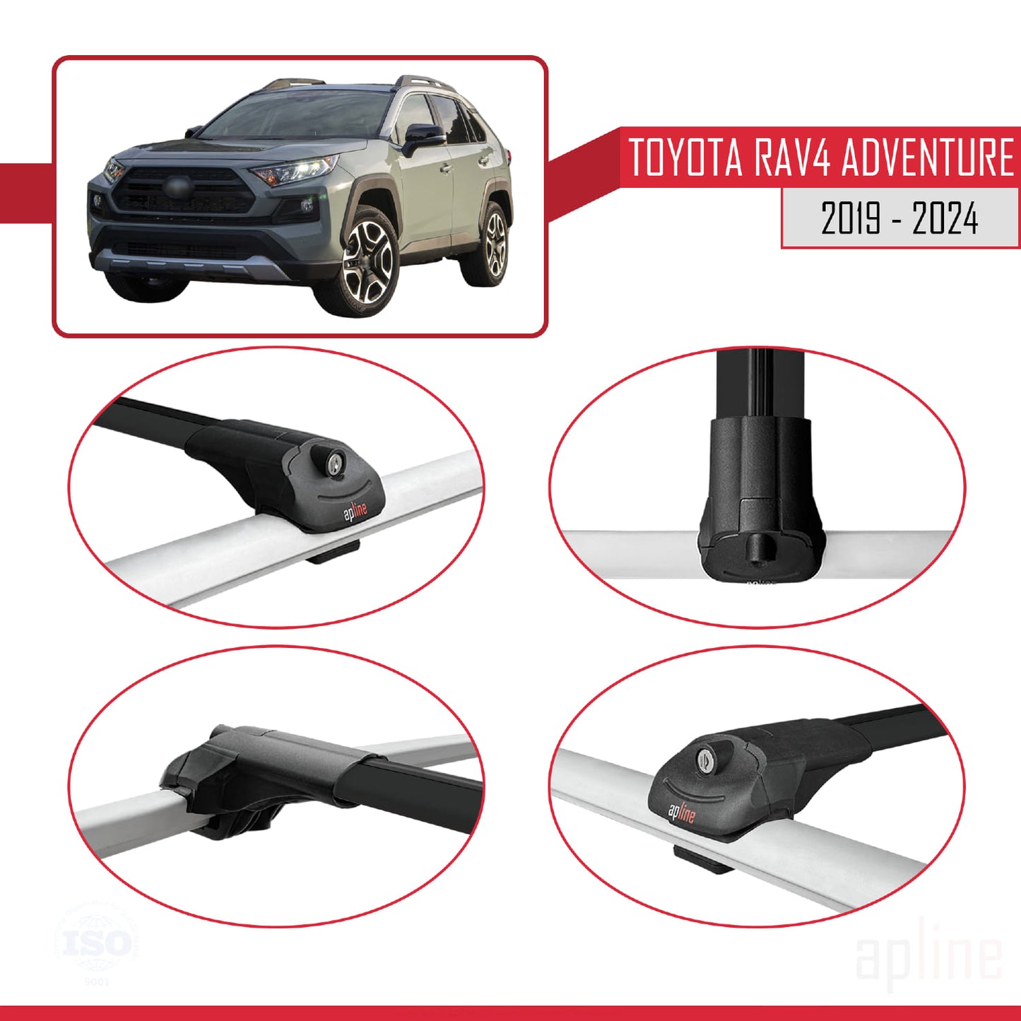 Compatible avec Toyota RAV4 Adventure 2019-2024 ACE-1 Barres de Toit Railing Porte-Bagages de Voiture Noir Aluminium 2 Barres