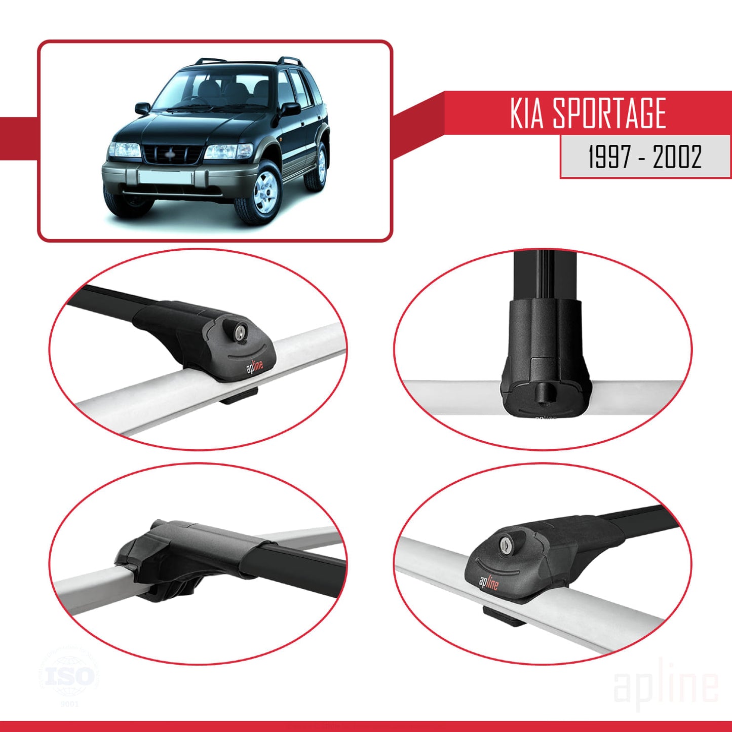 Compatible avec Kia Sportage 1997-2002 ACE-1 Barres de Toit Railing Porte-Bagages de Voiture Noir Aluminium 3 Barres