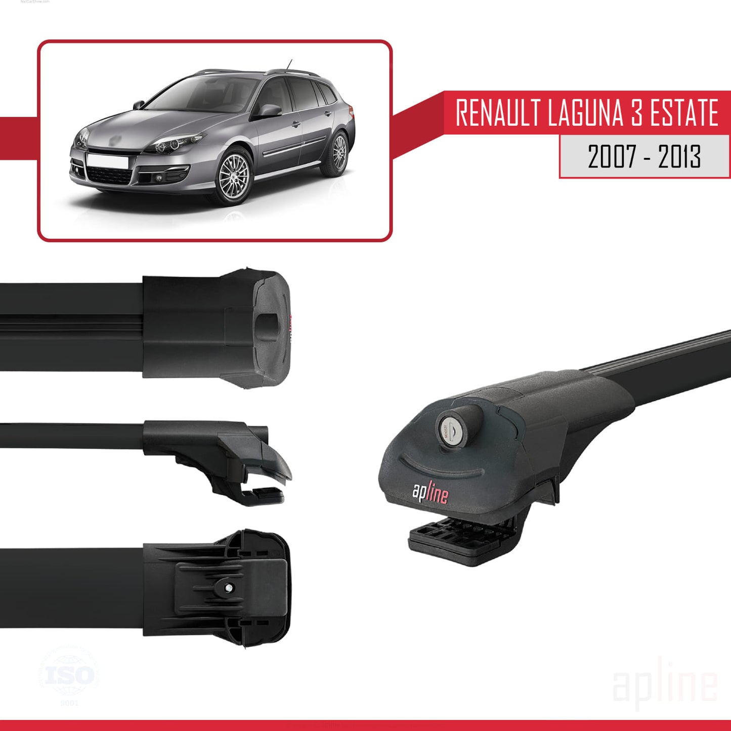 Compatible avec Renault Laguna 3 Estate 2007-2013 ACE-1 Barres de Toit Railing Porte-Bagages de Voiture Noir Aluminium 2 Barres
