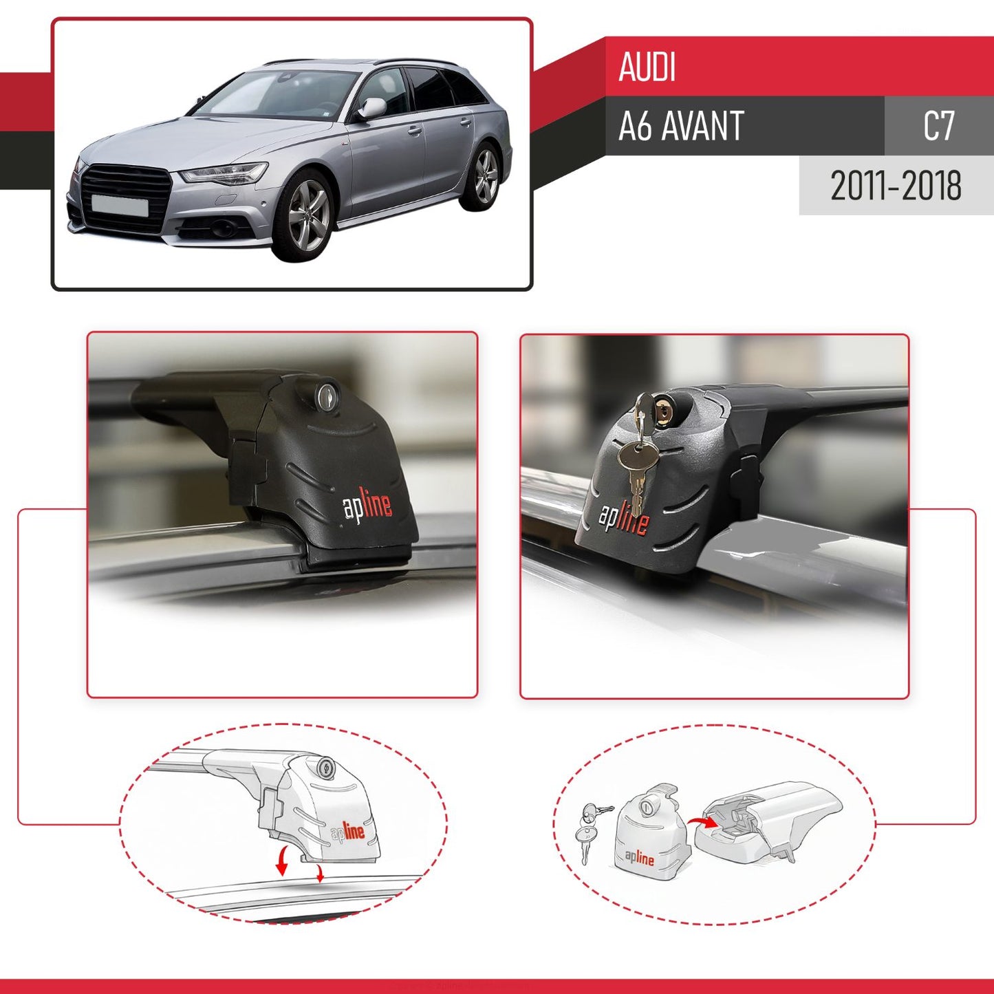 Compatible avec Audi A6 (C7) Avant 2011-2018 ACE-2 modèle Barres de Toit Railing Porte-Bagages de Voiture Noir Aluminium Barres