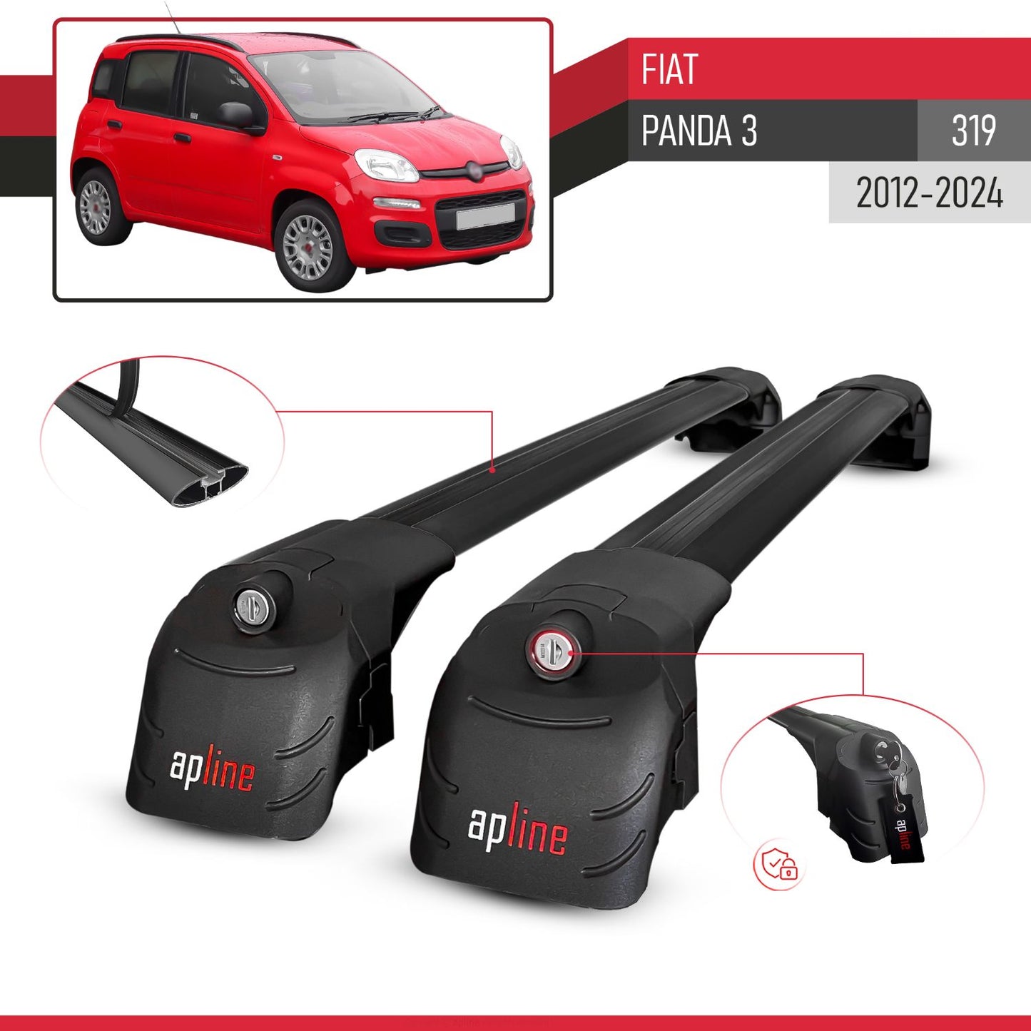 Compatible with Fiat Panda 3 (319) 2012-2024 ACE-2 Car Roof Rack Cross Bar Black Aluminium 2 Bars