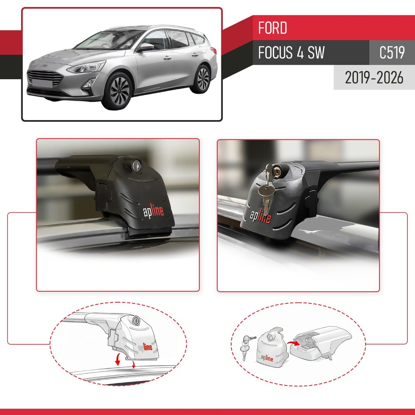 Compatible avec Ford Focus 4 (C519) SW 2019-2026 ACE-2 modèle Barres de Toit Railing Porte-Bagages de Voiture Noir Aluminium Barres