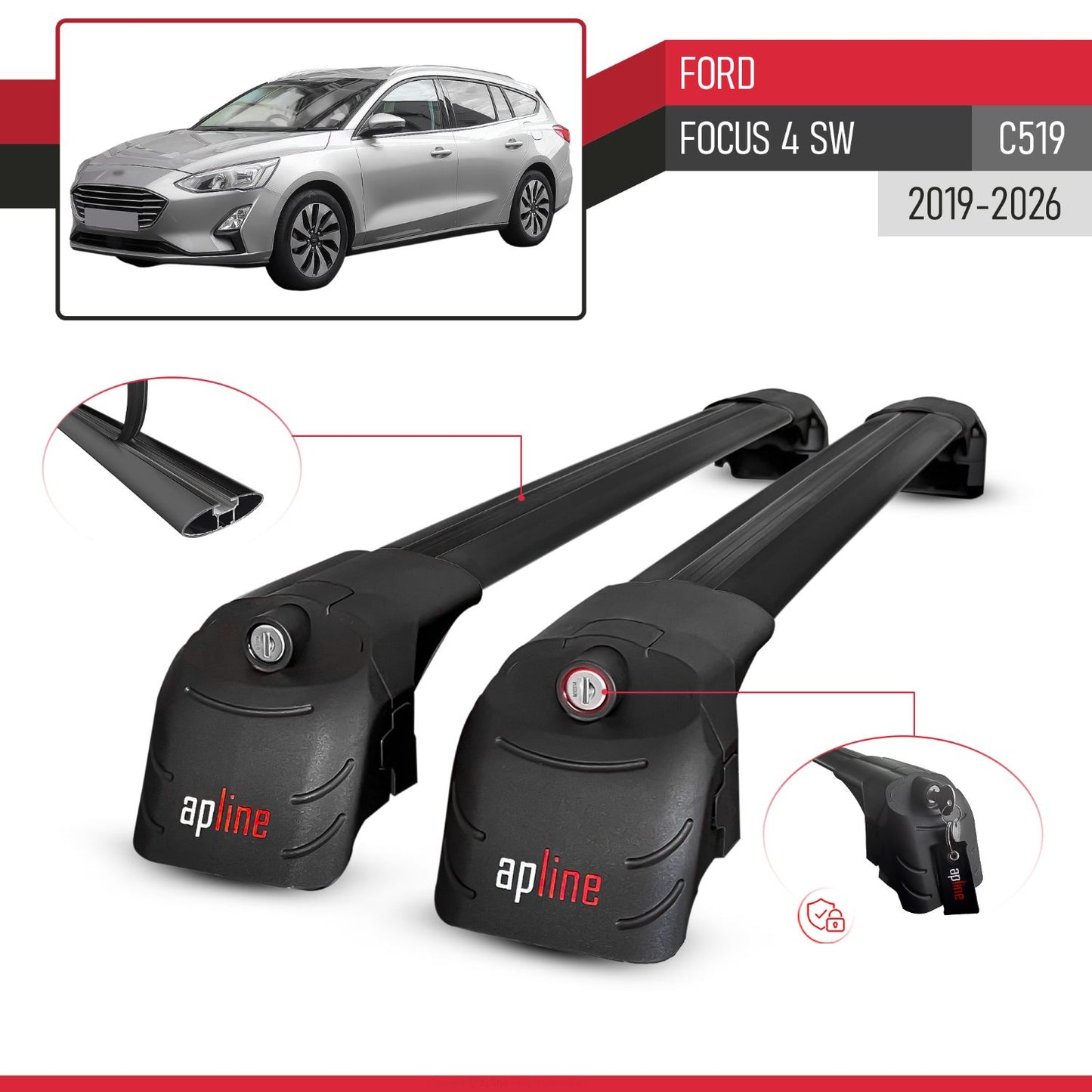 Compatible avec Ford Focus 4 (C519) SW 2019-2026 ACE-2 modèle Barres de Toit Railing Porte-Bagages de Voiture Noir Aluminium Barres