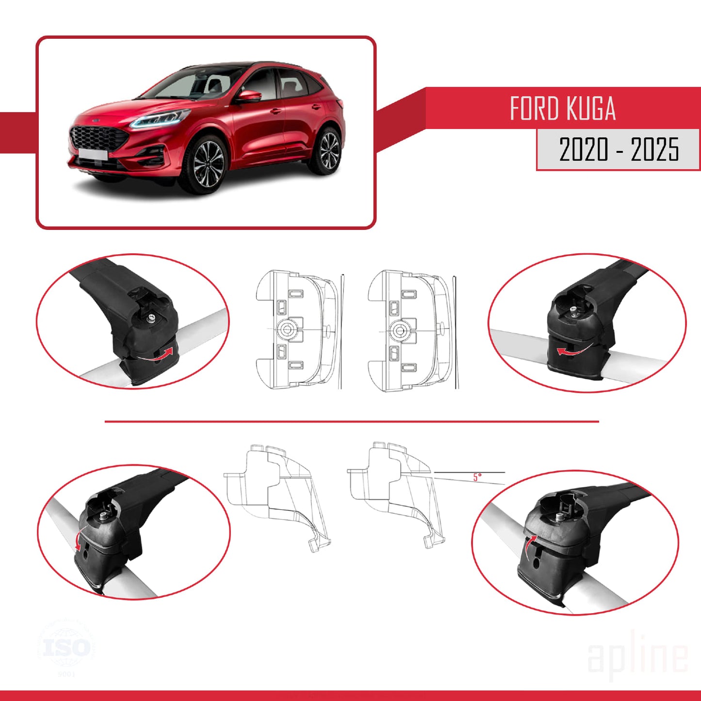 Compatible avec Ford Kuga 3 (CX482) 2020-2025 ACE-2 Barres de Toit Railing Porte-Bagages de Voiture Noir Aluminium 2 Barres