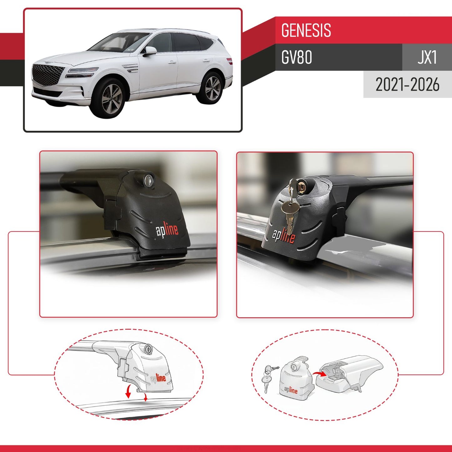 Compatible avec Genesis GV80 (JX1) 2021-2026 ACE-2 modèle Barres de Toit Railing Porte-Bagages de Voiture Noir Aluminium Barres